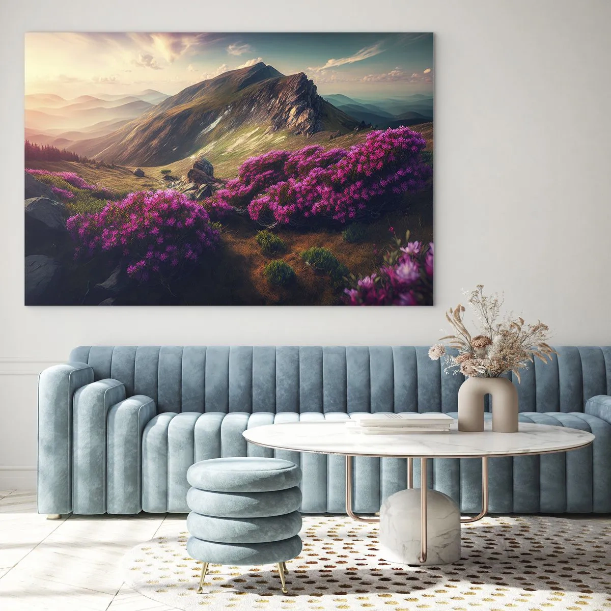 Quadro su vetro - Paesaggio montano estivo con erica rosa in fiore - 70x50cm - L'estate sui monti - Decorazione murale moderna per soggiorno e camera da letto ARTTOR