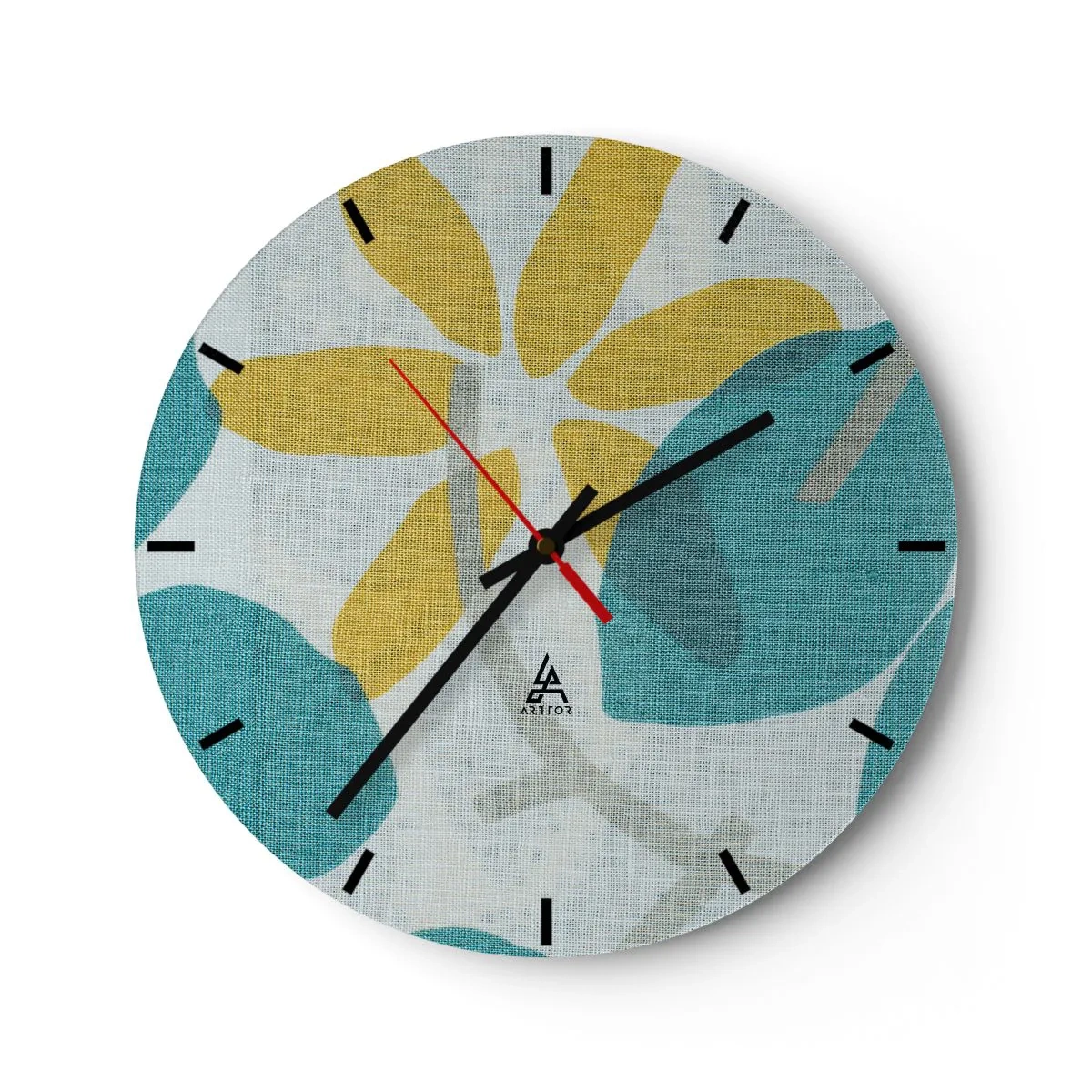 Orologio da parete - Orologio in Vetro - Foglie gialle e turchesi su uno sfondo chiaro con texture di lino - 30x30cm - Tra le foglie azzurre - Decorazione murale moderna per soggiorno, cucina e camera da letto ARTTOR