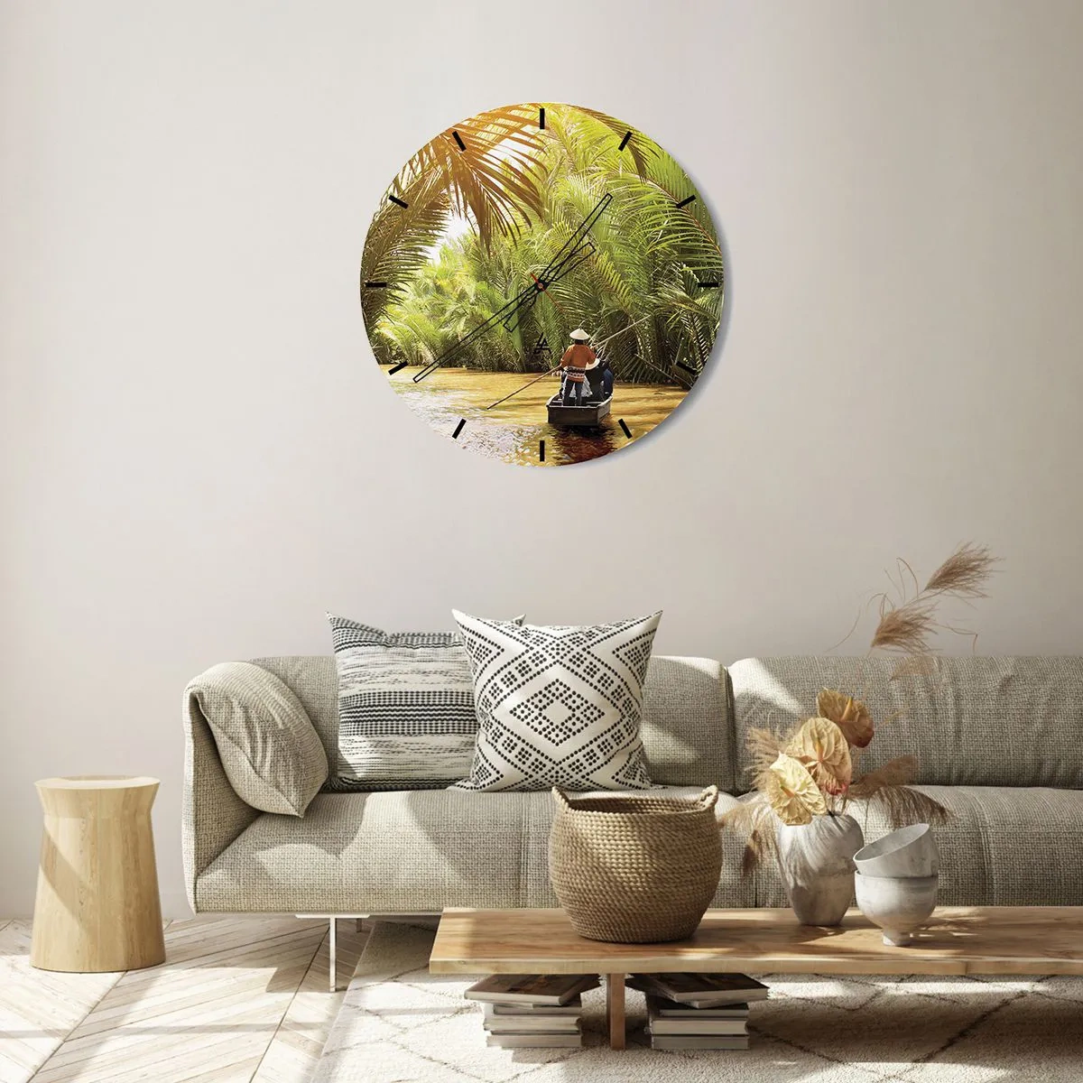 Orologio da parete - Orologio in Vetro - Persone su una barca che naviga attraverso una fitta foresta di palme - 30x30cm - Tunnel di palme - Decorazione murale moderna per soggiorno, cucina e camera da letto ARTTOR