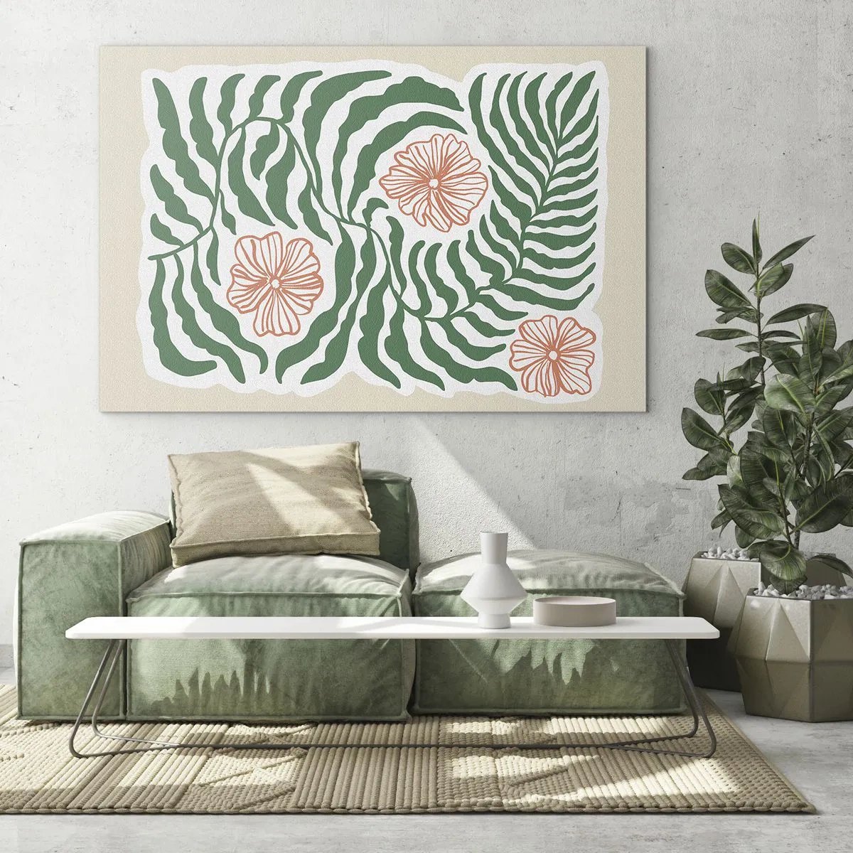 Quadro su vetro - Foglie verdi e fiori rossi in una disposizione grafica - 70x50cm - Fioritura nel verde - Decorazione murale moderna per soggiorno e camera da letto ARTTOR