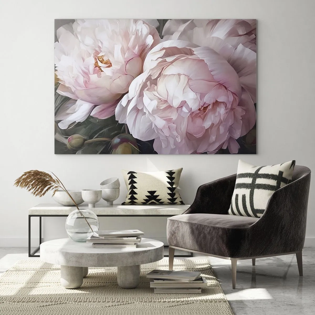Quadro su vetro - Delicate peonie in una tonalità rosa chiaro in primo piano - 70x50cm - L'attimo della fioritura - Decorazione murale moderna per soggiorno e camera da letto ARTTOR