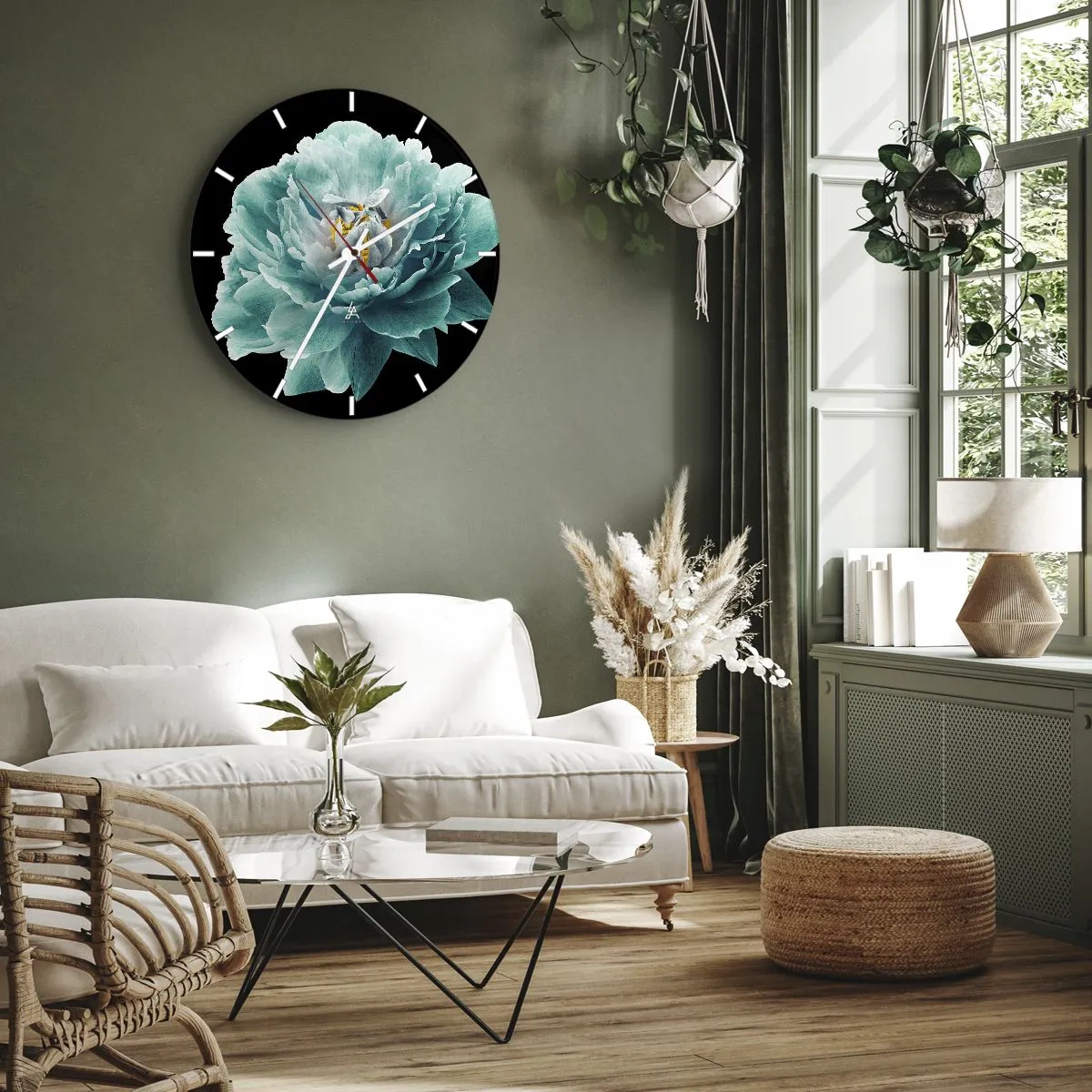 Orologio da parete - Orologio in Vetro - Fiore di peonia turchese su sfondo nero - 30x30cm - Petali blu e oro - Decorazione murale moderna per soggiorno, cucina e camera da letto ARTTOR