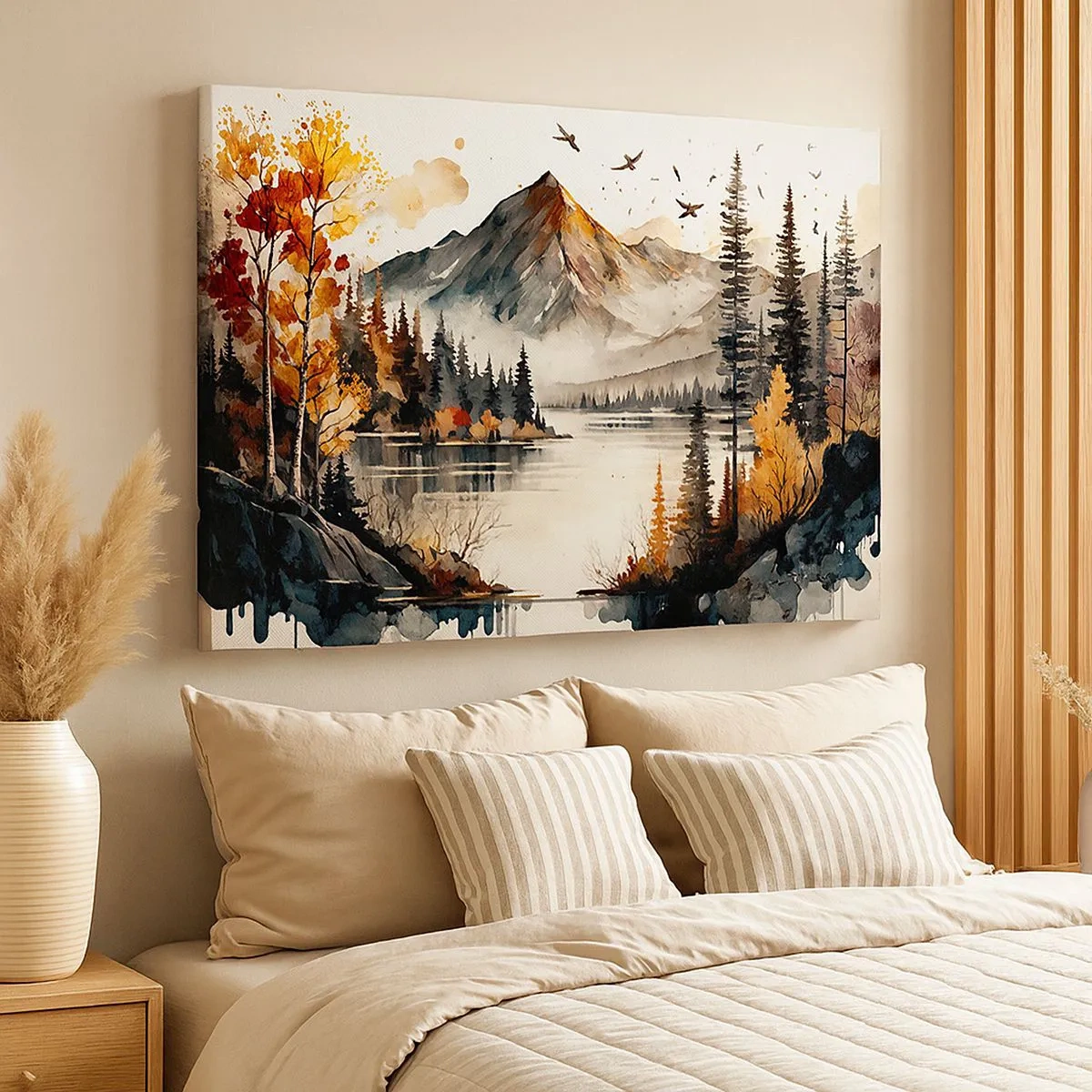 Quadro su tela - Stampe su Tela - Paesaggio montano autunnale con lago e alberi in acquerello - 70x50cm - L'autunno dorato sui monti - Decorazione murale moderna per soggiorno e camera da letto ARTTOR