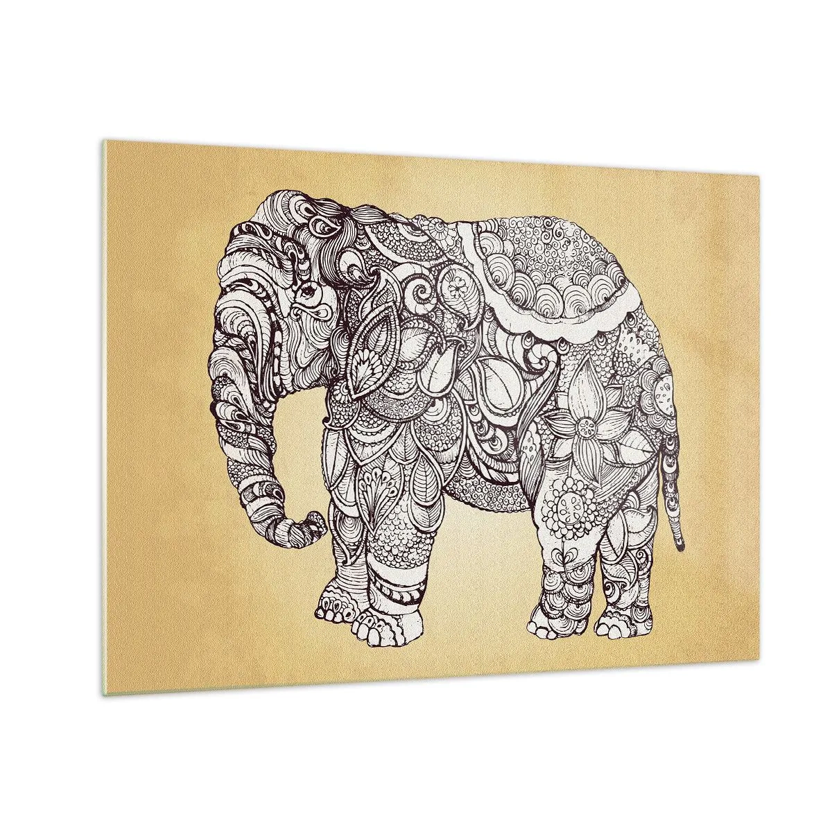 Quadro su vetro - Elefante bianco e nero con motivi orientali su sfondo beige - 70x50cm - L'elefante nascosto - Decorazione murale moderna per soggiorno e camera da letto ARTTOR