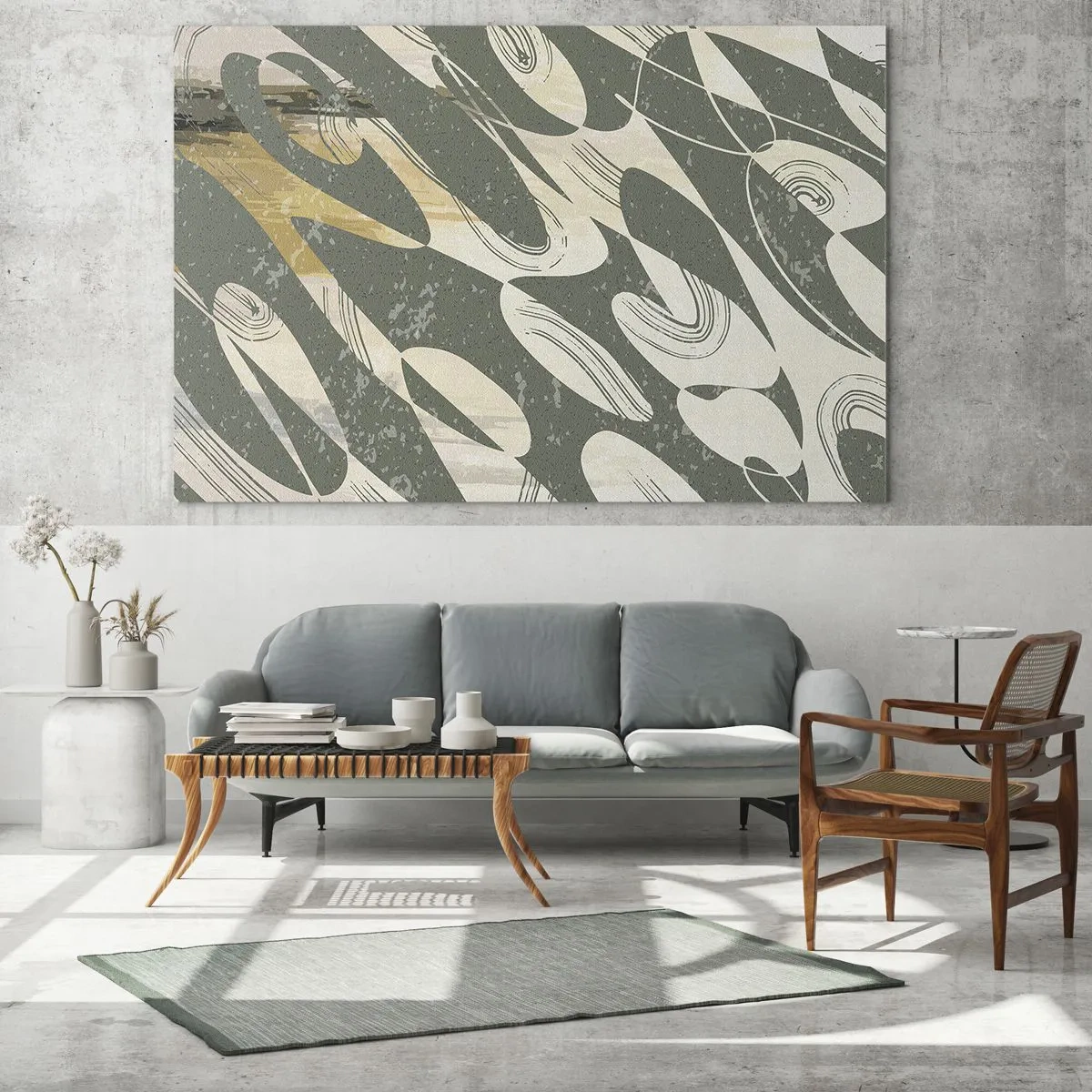 Quadro su vetro - Una composizione verde e beige con forme organiche dinamiche - 70x50cm - Astrazione ritmica - Decorazione murale moderna per soggiorno e camera da letto ARTTOR