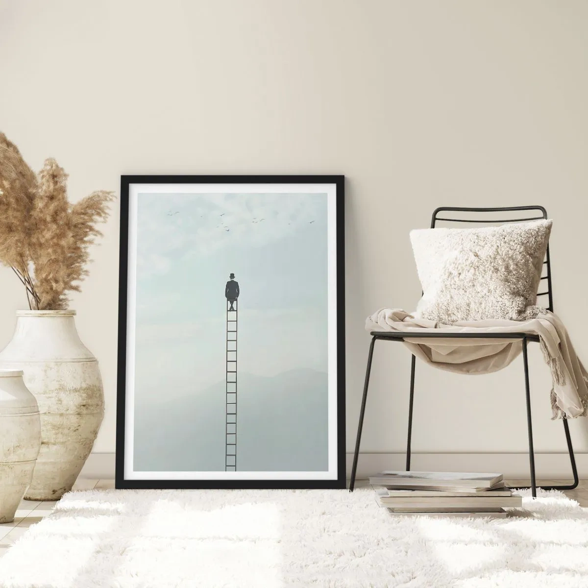 Poster in cornice nera - Uomo su una scala che guarda il cielo - 50x70cm - Innalzati al di sopra - Decorazione murale moderna per soggiorno e camera da letto ARTTOR