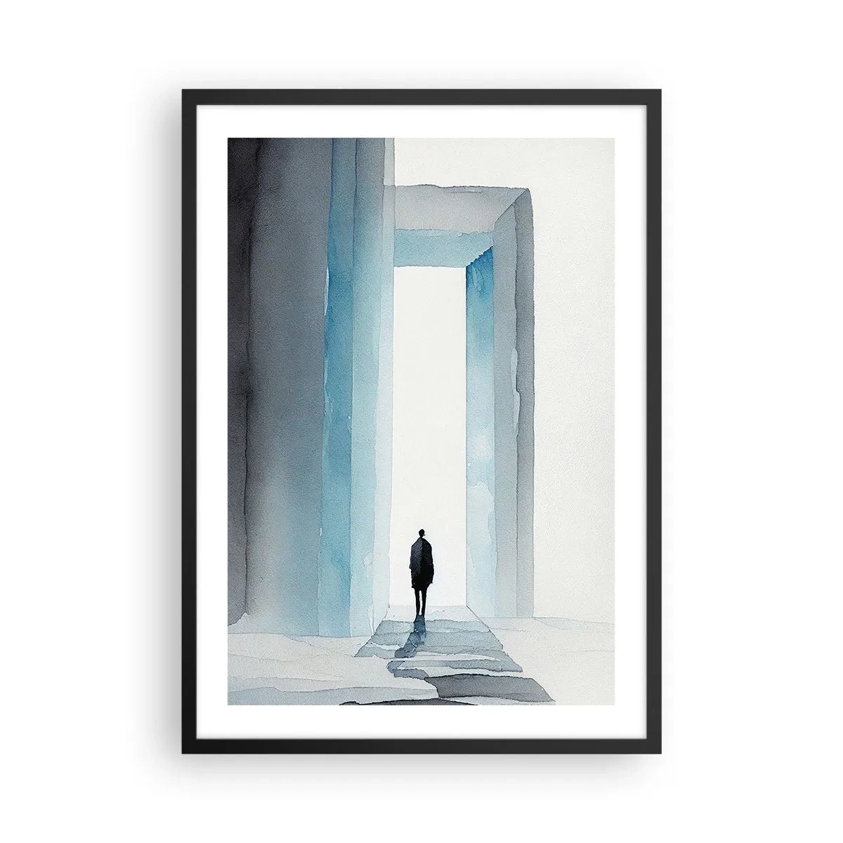 Poster in cornice nera - Una figura che cammina attraverso un cancello blu, simbolo di libertà e possibilità illimitate - 50x70cm - Vivi senza limiti - Decorazione murale moderna per soggiorno e camera da letto ARTTOR