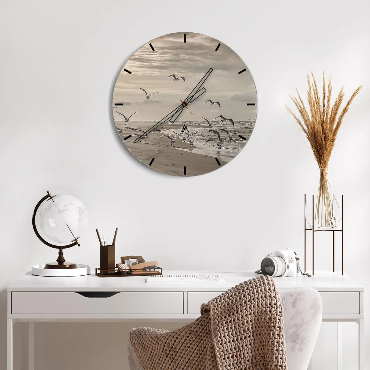 Orologio da parete - Orologio in Vetro - Gabbiani che volteggiano sulla riva del mare al mattino - 30x30cm - Brusio del mare, canto degli uccelli - Decorazione murale moderna per soggiorno, cucina e camera da letto ARTTOR