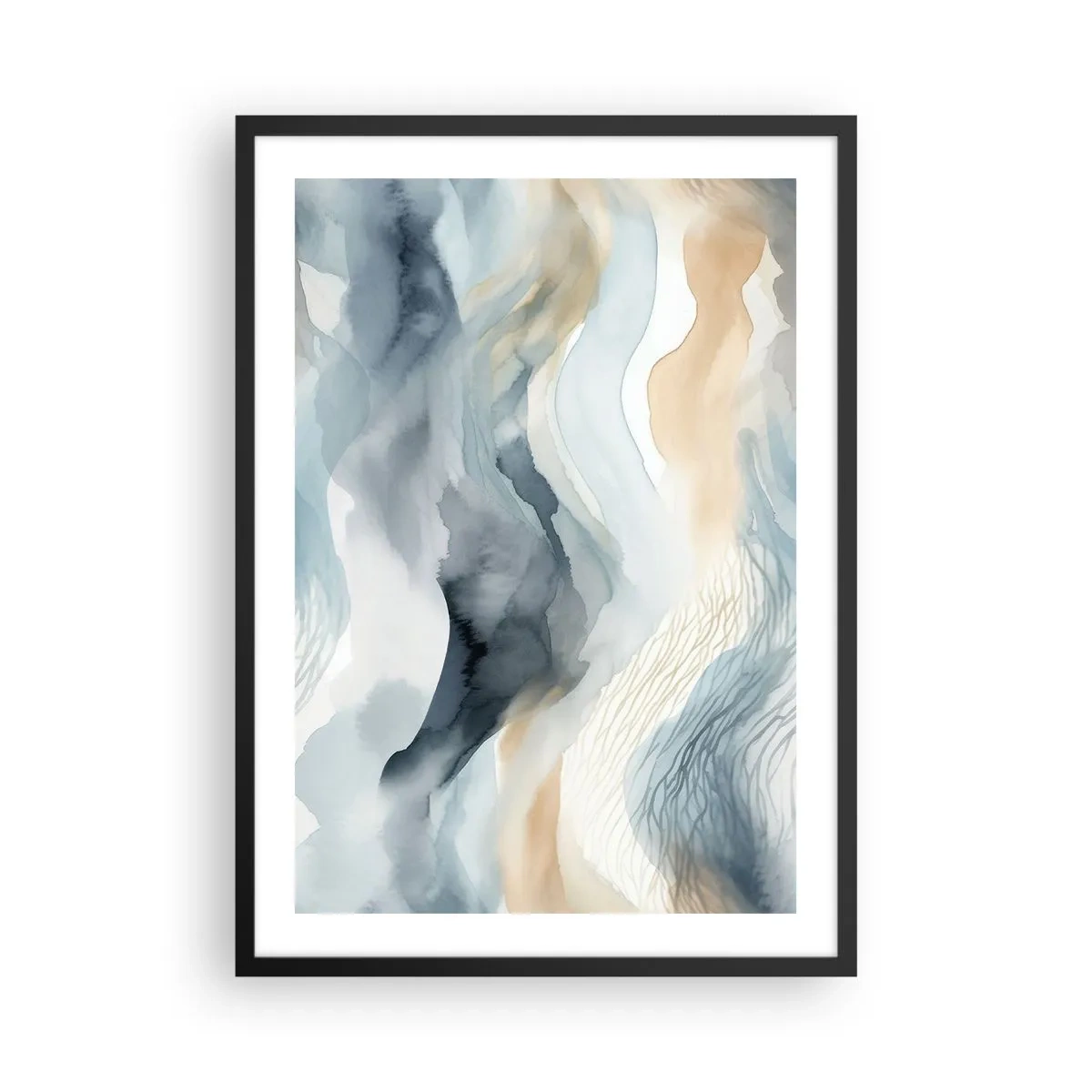 Poster in cornice nera - Onde astratte nei toni del beige e del blu navy - 50x70cm - Astrazione nevosa e nebbiosa - Decorazione murale moderna per soggiorno e camera da letto ARTTOR