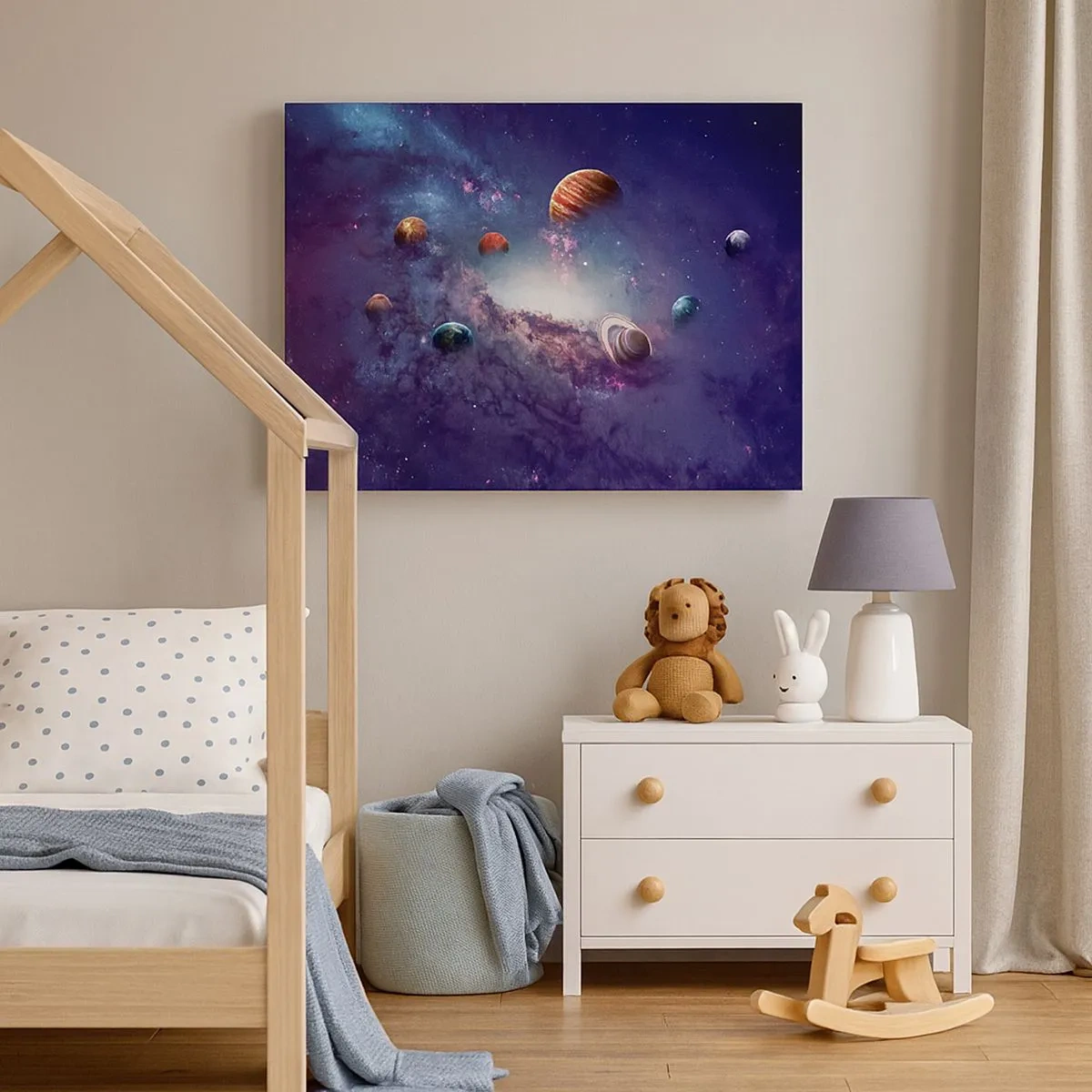 Quadro su tela - Stampe su Tela - Pianeti in una galassia con una nebulosa sullo sfondo - 70x50cm - Sistema solare danzante - Decorazione murale moderna per soggiorno e camera da letto ARTTOR