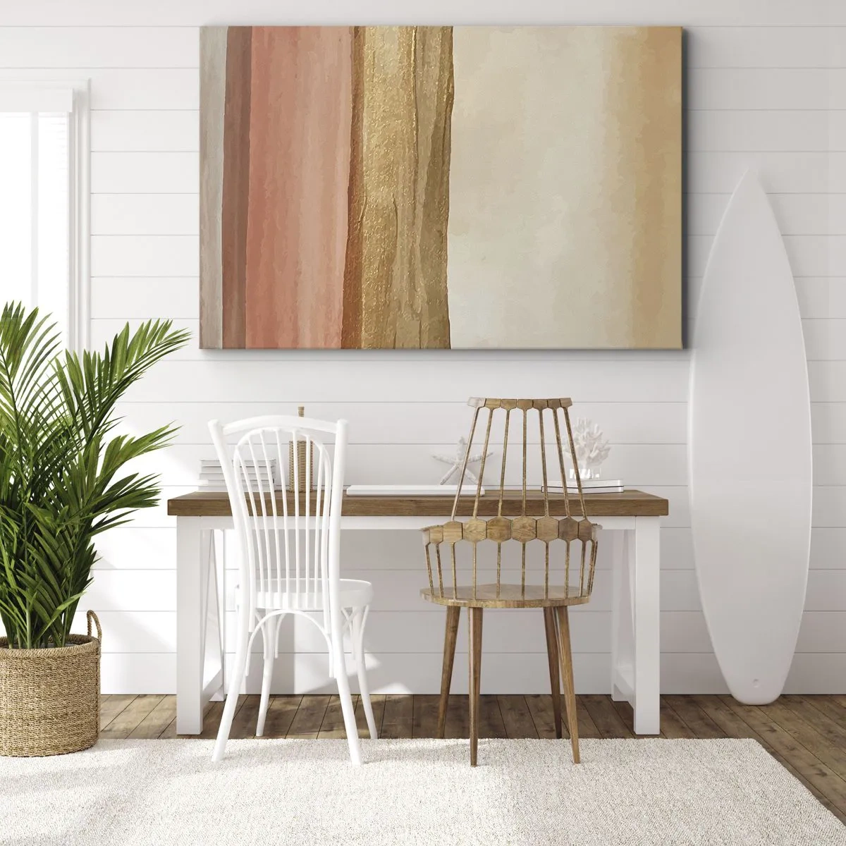 Quadro su tela - Stampe su Tela - Strisce astratte nei toni del beige, oro e rosa su tela - 70x50cm - Composizione verticale - Decorazione murale moderna per soggiorno e camera da letto ARTTOR
