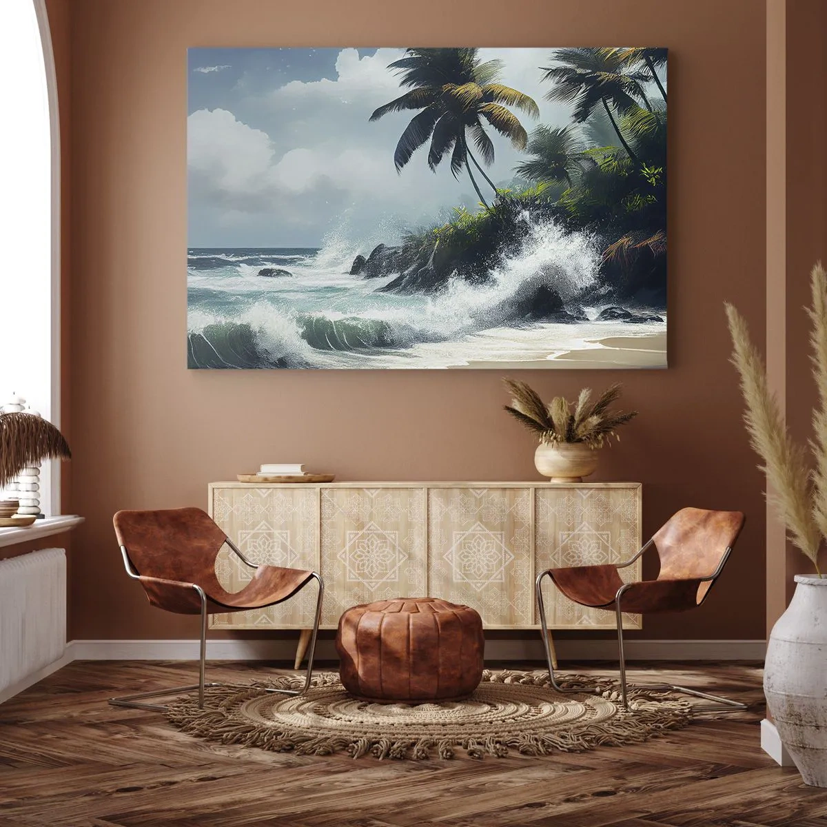 Quadro su tela - Stampe su Tela - Costa tropicale con palme e mare agitato - 70x50cm - Sulla riva tropicale - Decorazione murale moderna per soggiorno e camera da letto ARTTOR