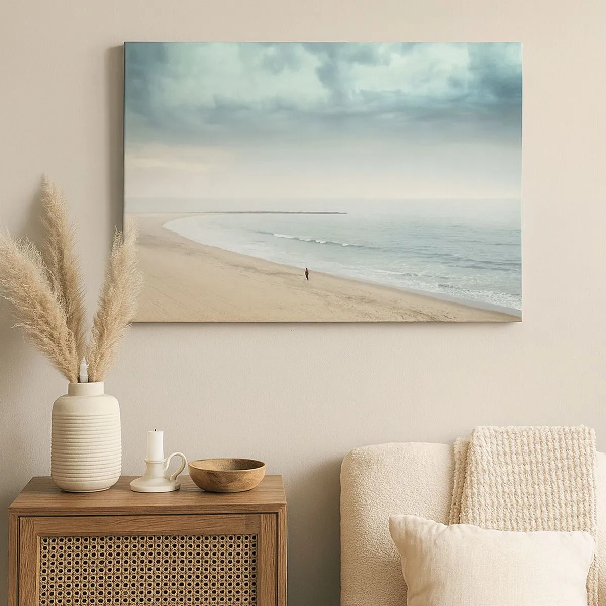 Quadro su tela - Stampe su Tela - Una figura solitaria su una spiaggia deserta in riva al mare calmo - 70x50cm - Cercando la pace - Decorazione murale moderna per soggiorno e camera da letto ARTTOR