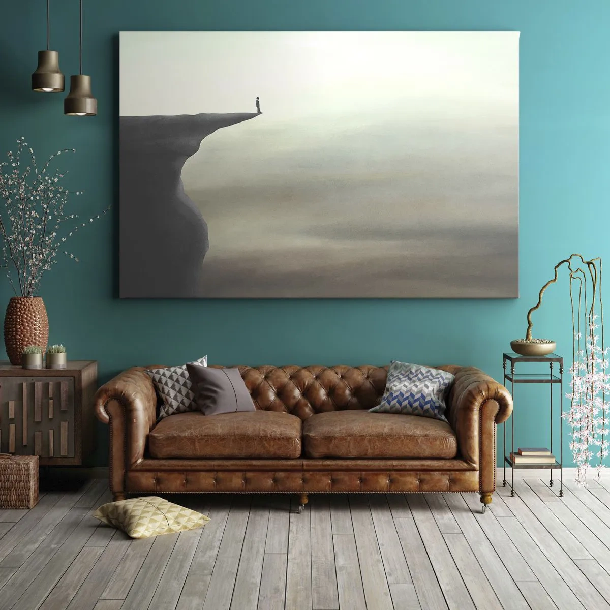 Quadro su tela - Stampe su Tela - Sagoma di una figura sul bordo di una scogliera in un paesaggio nebbioso - 70x50cm - Certamente verso l'alto! - Decorazione murale moderna per soggiorno e camera da letto ARTTOR