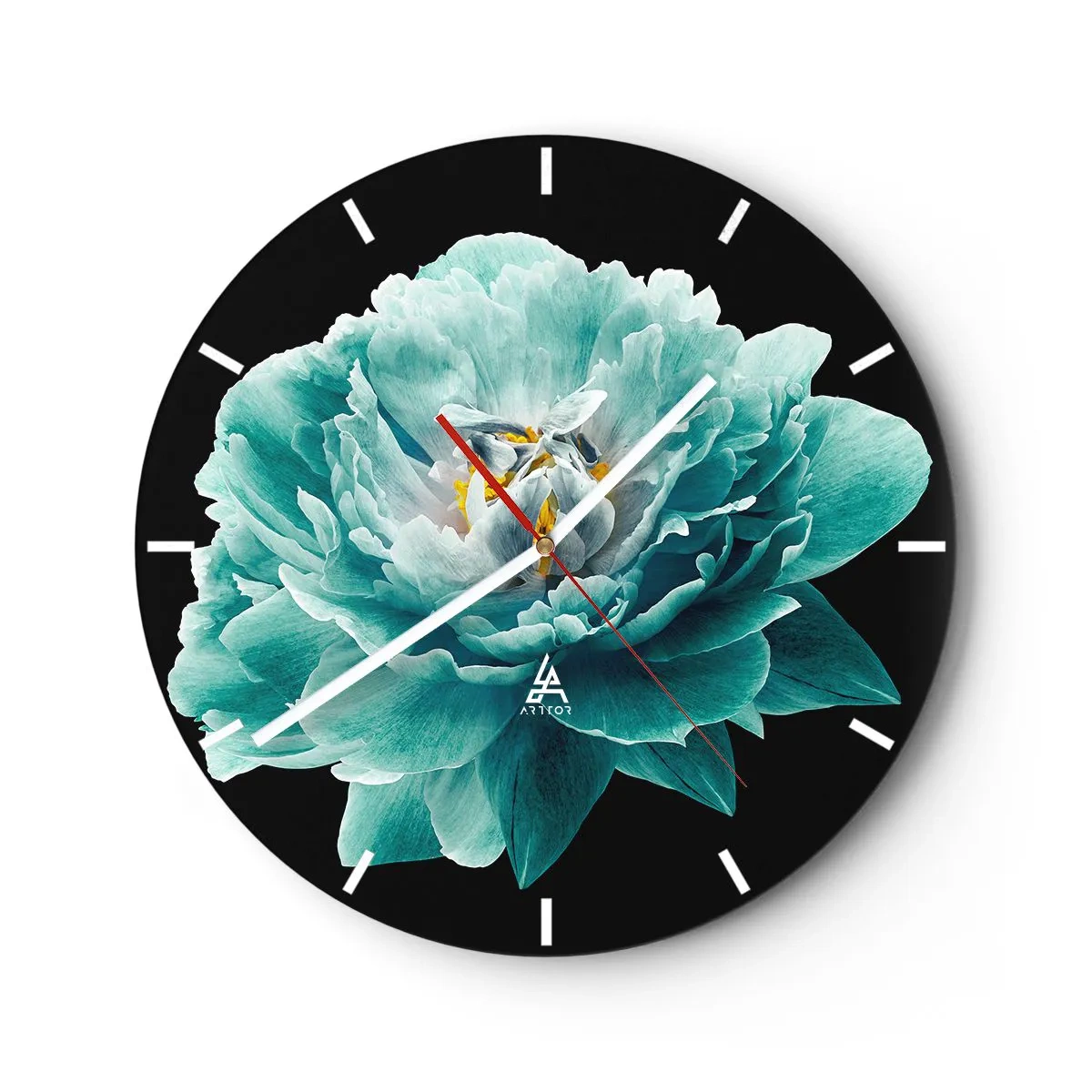 Orologio da parete - Orologio in Vetro - Fiore di peonia turchese su sfondo nero - 30x30cm - Petali blu e oro - Decorazione murale moderna per soggiorno, cucina e camera da letto ARTTOR