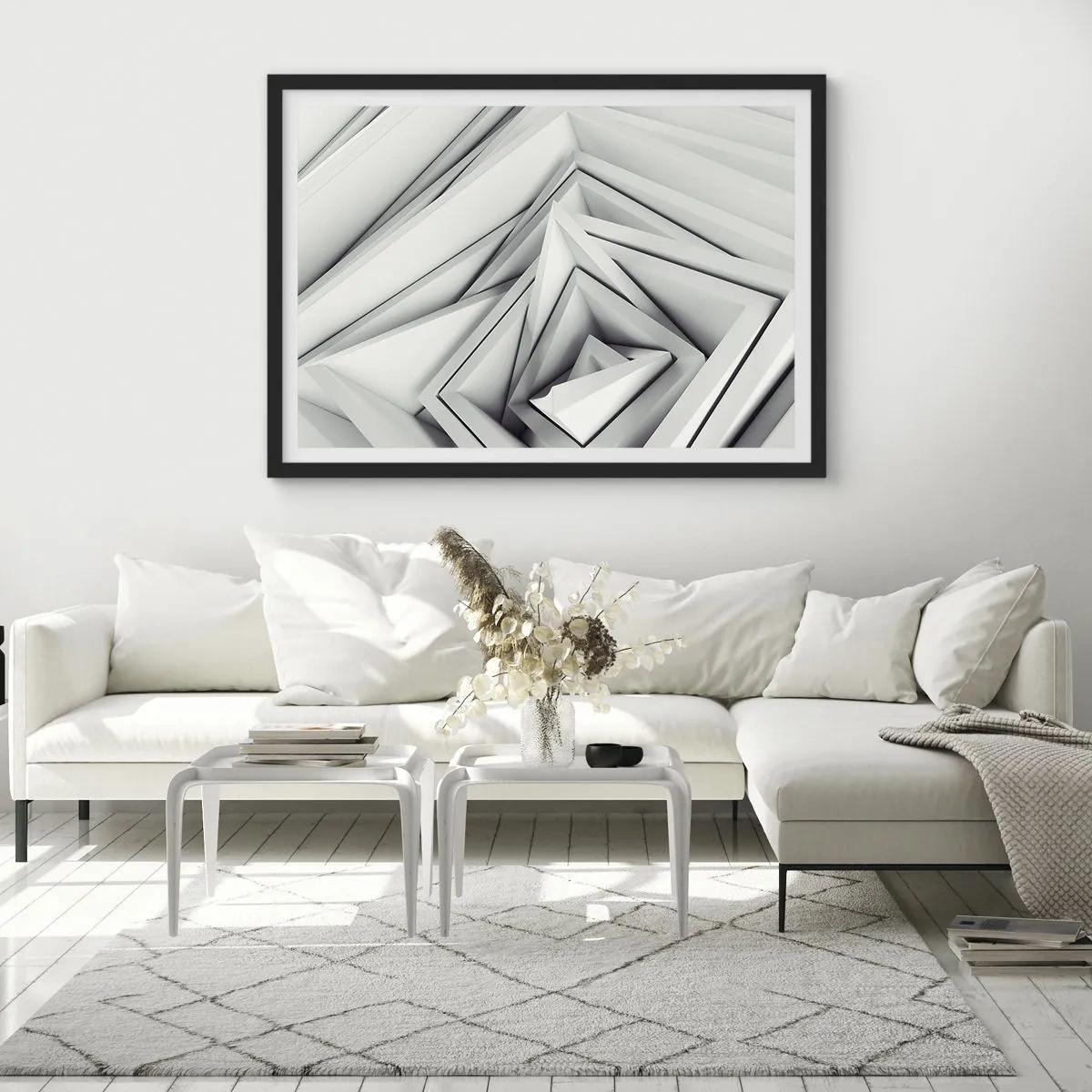 Poster in cornice nera - Una composizione astratta di forme geometriche nelle tonalità del grigio. - 70x50cm - Germogli spigolosi - Decorazione murale moderna per soggiorno e camera da letto ARTTOR