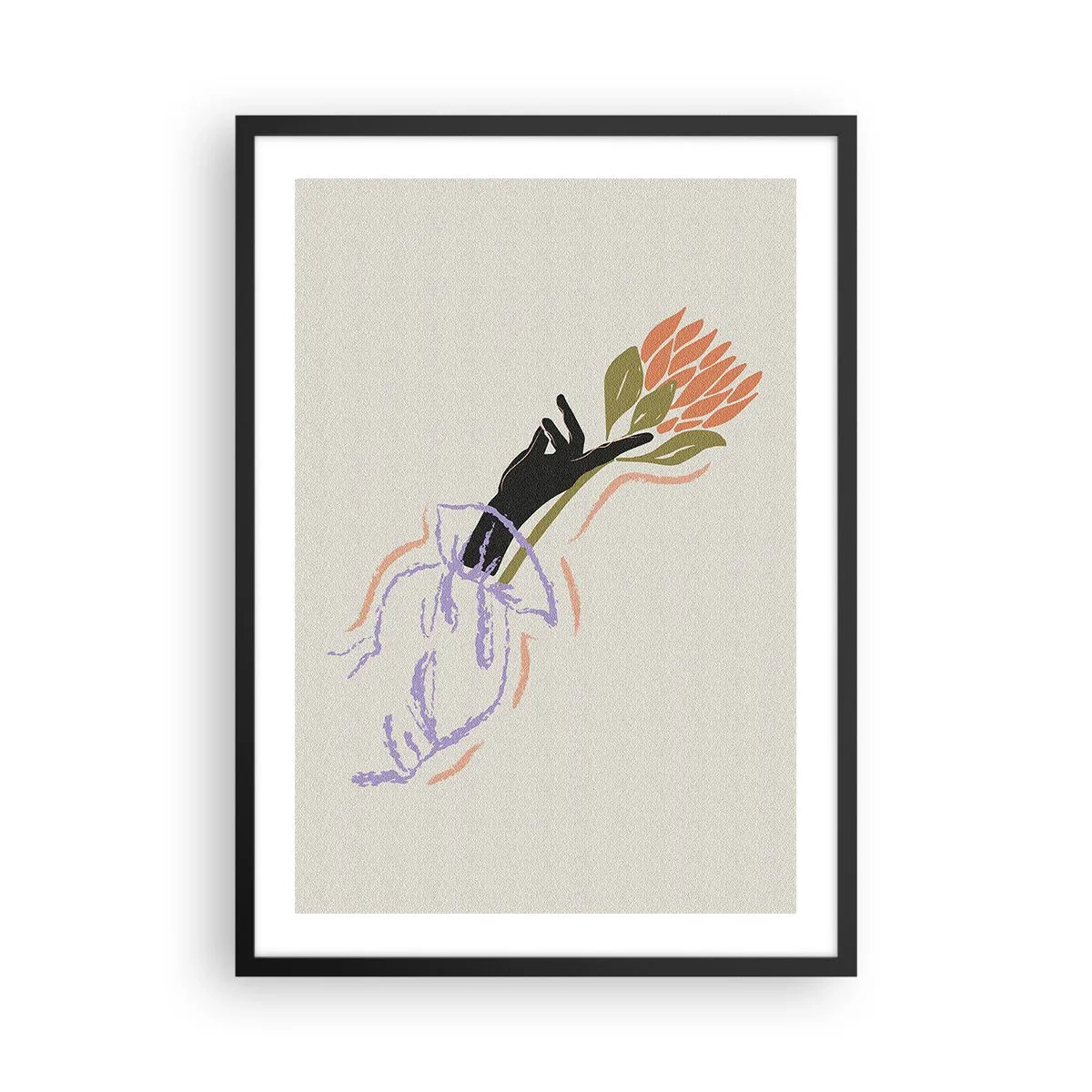 Poster in cornice nera - Disegno astratto di una mano che tiene un mazzo di fiori - 50x70cm - Tocco delicato - Decorazione murale moderna per soggiorno e camera da letto ARTTOR