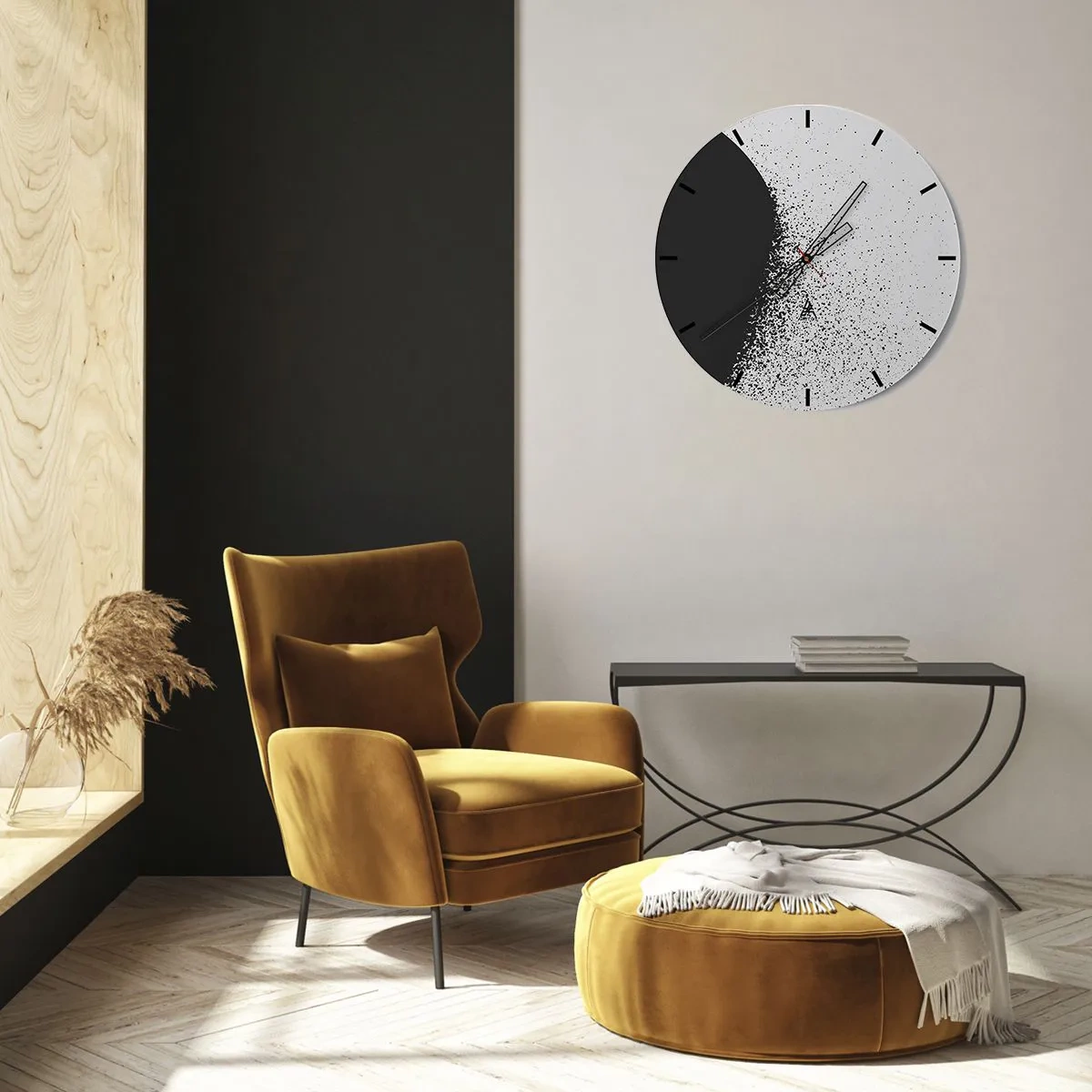 Orologio da parete - Orologio in Vetro - Motivo astratto in bianco e nero con punti sparsi - 30x30cm - Il movimento delle particelle - Decorazione murale moderna per soggiorno, cucina e camera da letto ARTTOR