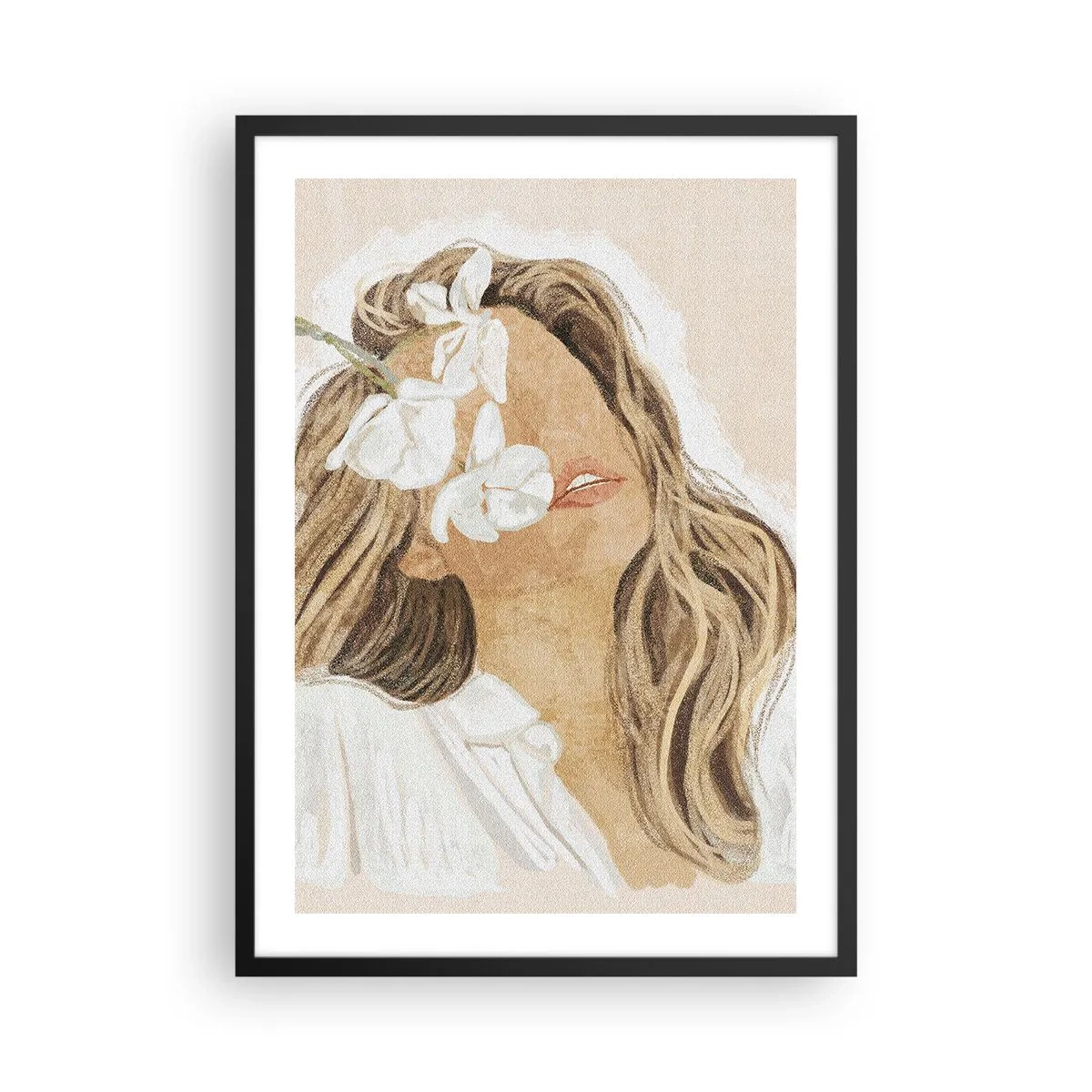 Poster in cornice nera - Ritratto di una donna con fiori che le coprono il viso - 50x70cm - In estasi tra i fiori - Decorazione murale moderna per soggiorno e camera da letto ARTTOR