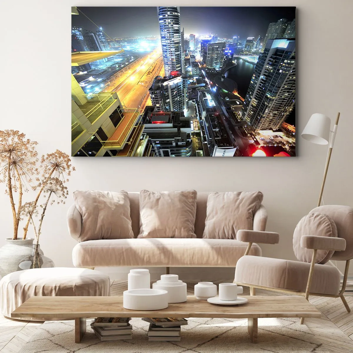 Quadro su tela - Stampe su Tela - Panorama della città notturna con grattacieli illuminati - 70x50cm - Miracolo nel deserto - Decorazione murale moderna per soggiorno e camera da letto ARTTOR