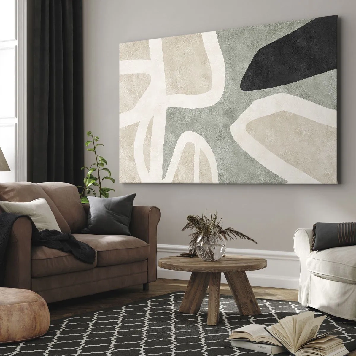 Quadro su tela - Stampe su Tela - Forme astratte in colori tenui - 70x50cm - Composizione con motivi in nero - Decorazione murale moderna per soggiorno e camera da letto ARTTOR