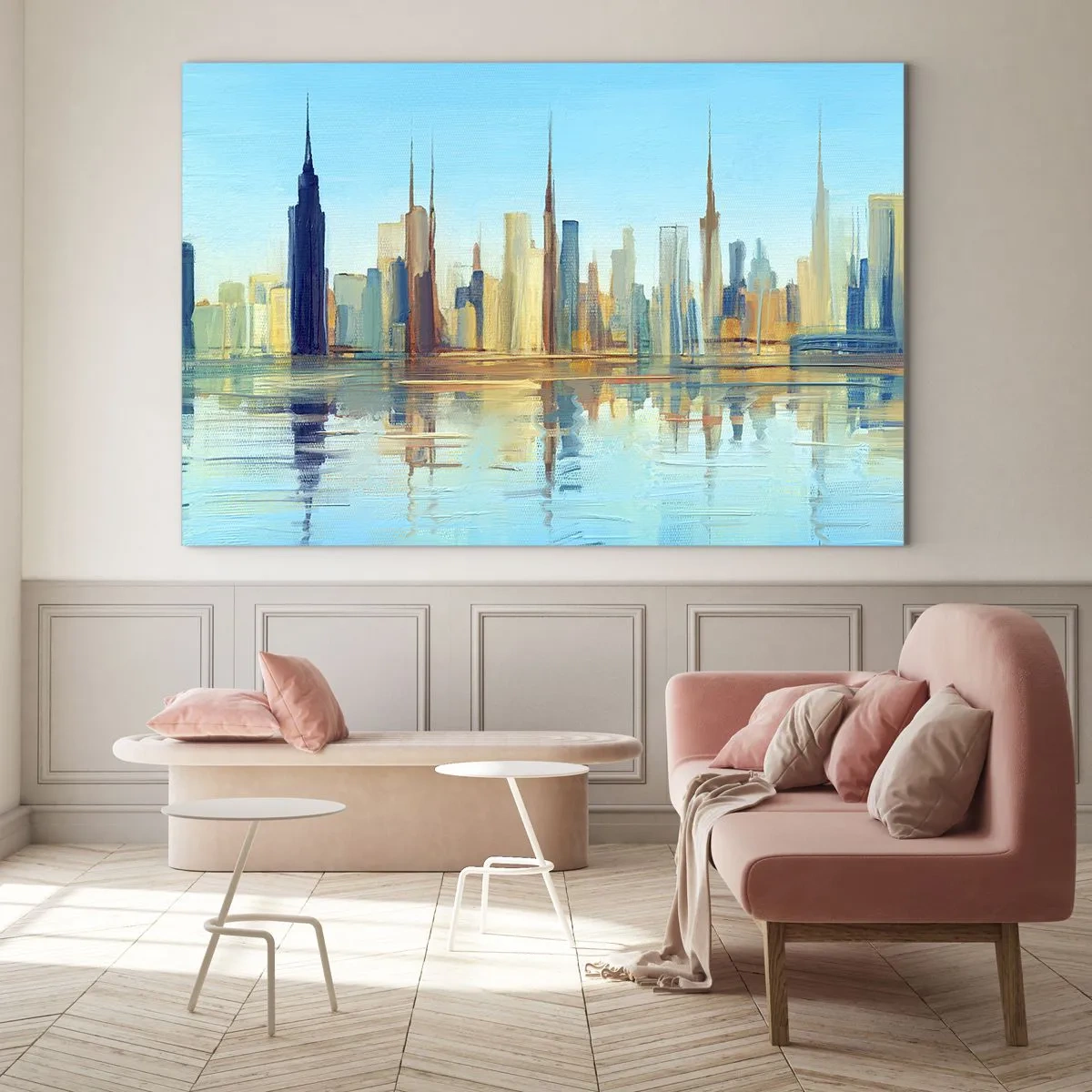 Quadro su vetro - Un panorama della metropoli riflesso nell'acqua sotto un cielo azzurro - 70x50cm - Metropoli assolata - Decorazione murale moderna per soggiorno e camera da letto ARTTOR