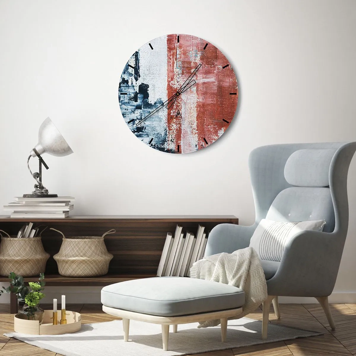 Orologio da parete - Orologio in Vetro - Composizione astratta nei toni del blu e del rosso - 30x30cm - Astratto in due metà - Decorazione murale moderna per soggiorno, cucina e camera da letto ARTTOR