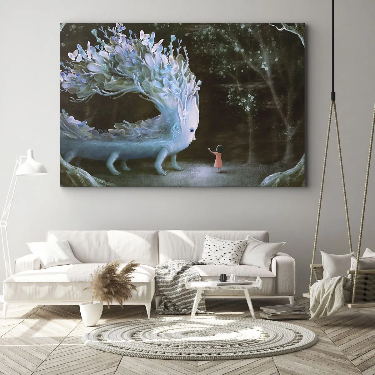 Quadro su tela - Stampe su Tela - La figura di una ragazza di fronte a una creatura fantastica - 70x50cm - Incontro fantastico - Decorazione murale moderna per soggiorno e camera da letto ARTTOR