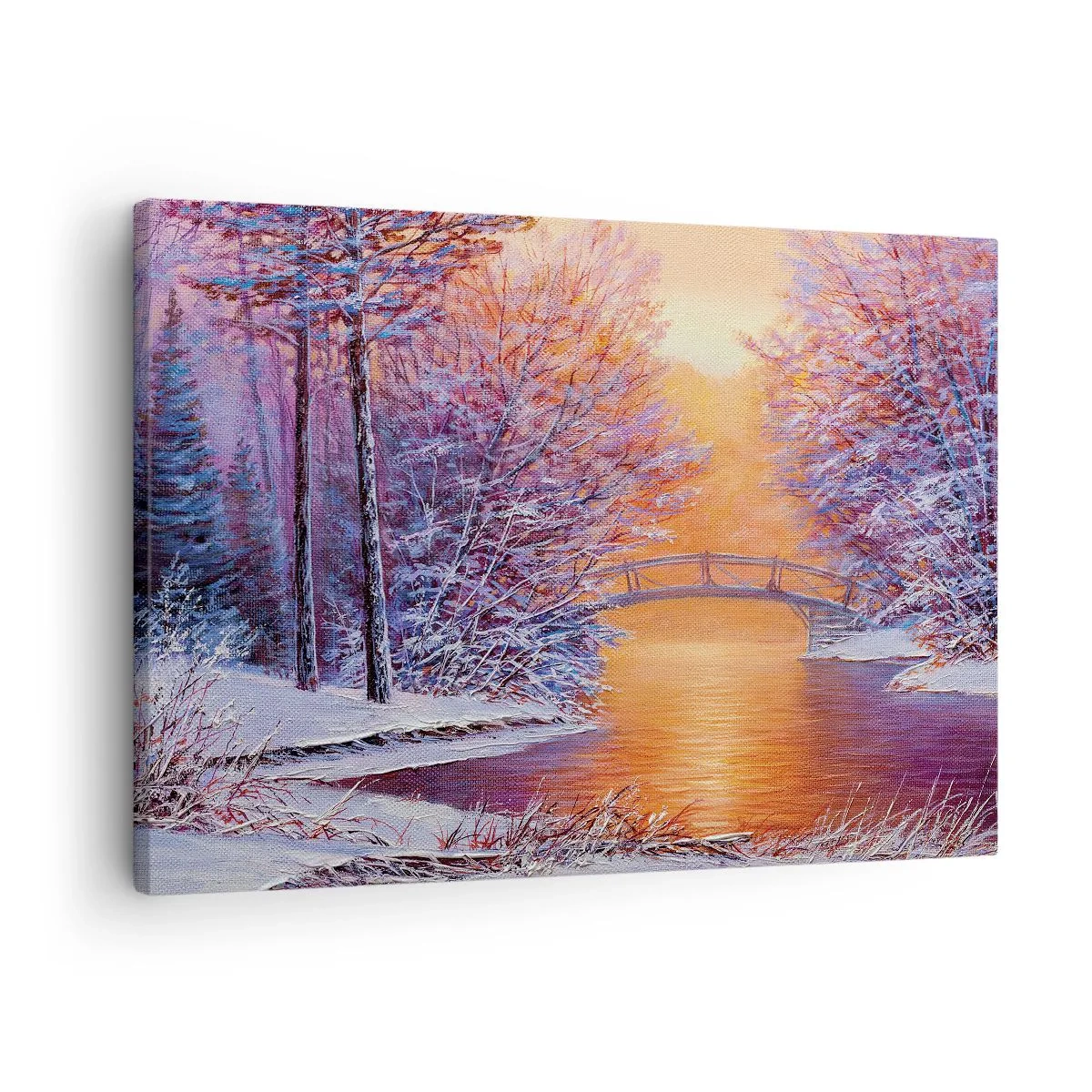 Quadro su tela - Stampe su Tela - Paesaggio invernale con ponte e tramonto - 70x50cm - Incontriamoci qui - Decorazione murale moderna per soggiorno e camera da letto ARTTOR
