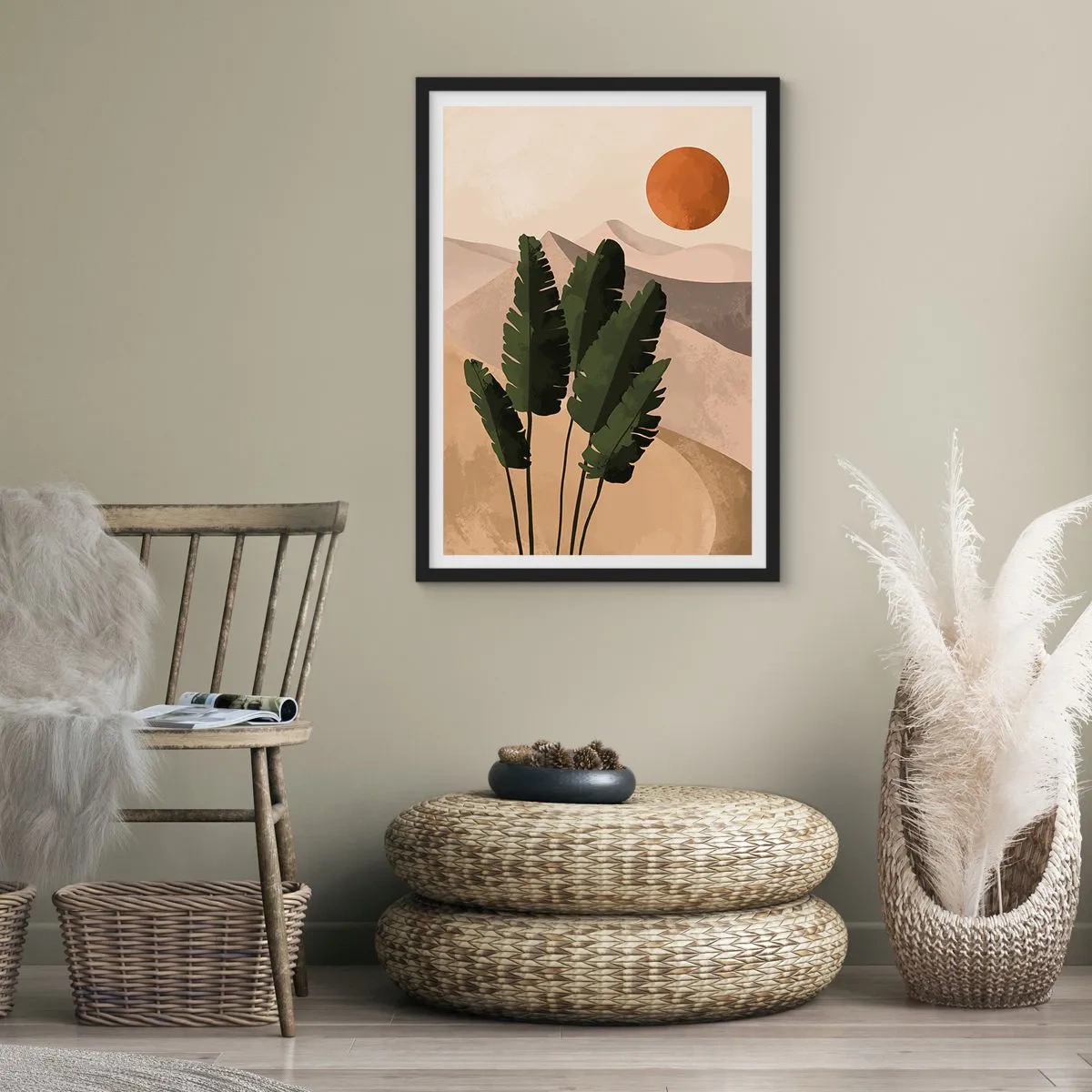 Poster in cornice nera - Piante in un ambiente desertico con il sole che tramonta, paesaggio astratto - 50x70cm - Il trionfo della vita - Decorazione murale moderna per soggiorno e camera da letto ARTTOR