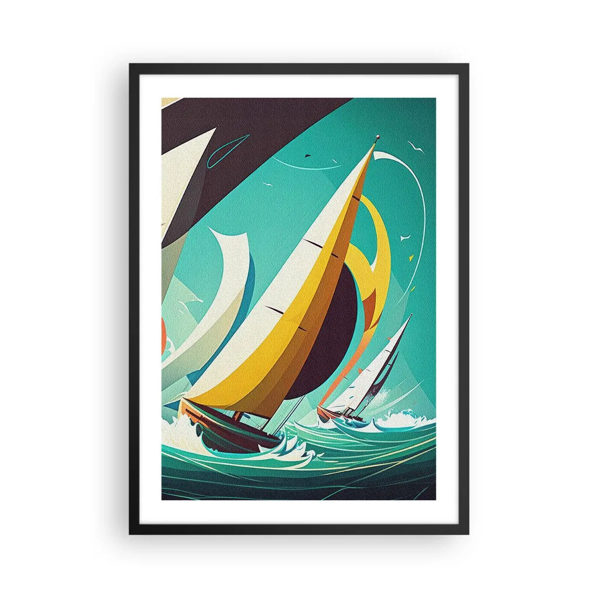 Poster in cornice nera - Regata velica astratta su un mare in tempesta - 50x70cm - Compagne degli elementi - Decorazione murale moderna per soggiorno e camera da letto ARTTOR