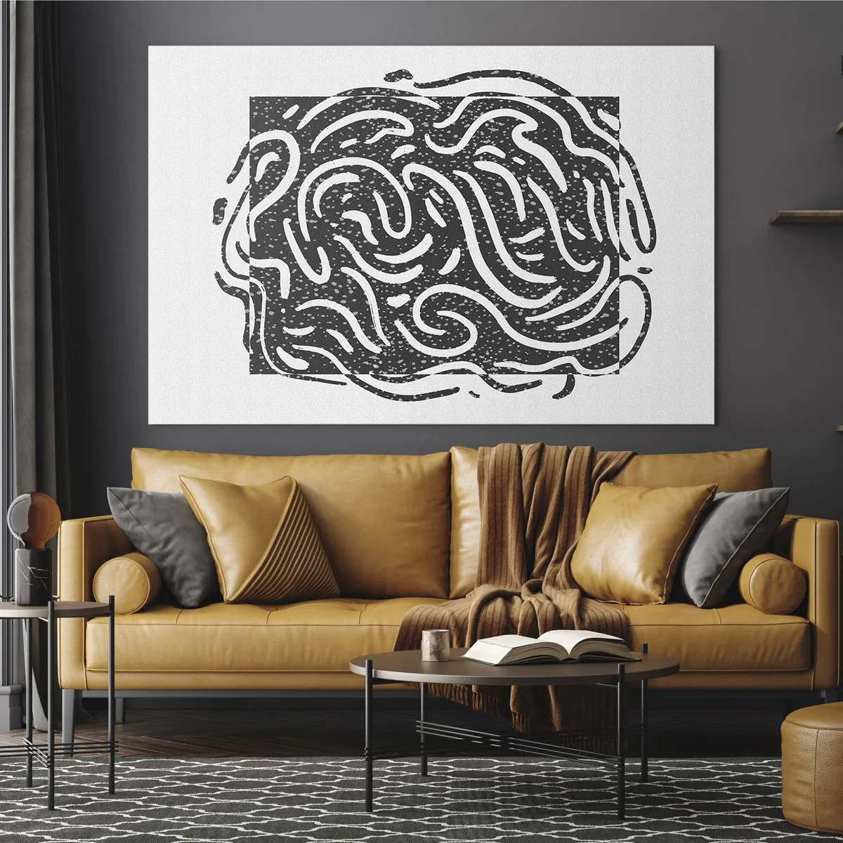 Quadro su vetro - Linee e punti astratti dinamici che creano una forma energica - 70x50cm - Astrazione: la danza della gioia - Decorazione murale moderna per soggiorno e camera da letto ARTTOR