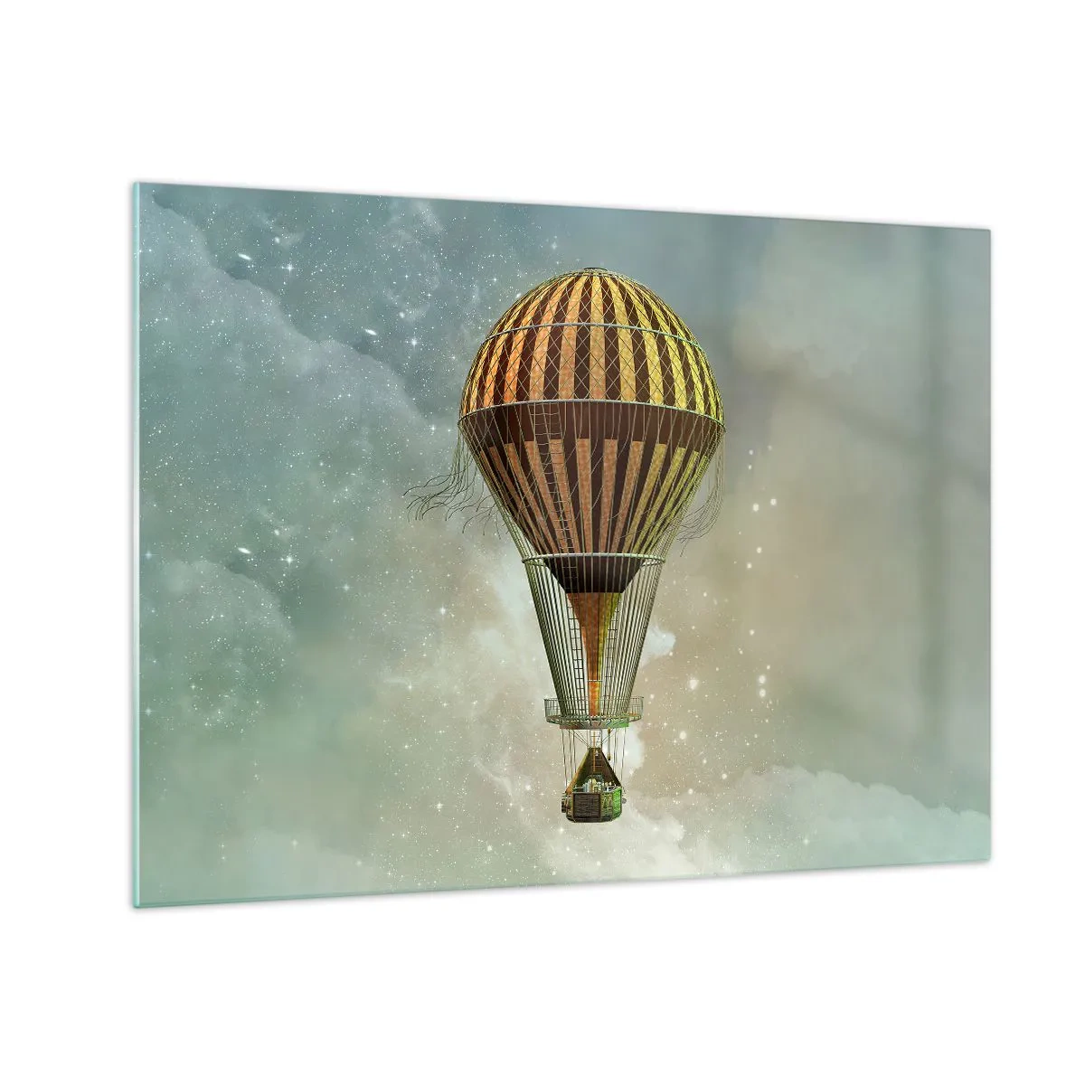 Quadro su vetro - Un palloncino stilizzato sullo sfondo di un cielo stellato e nuvole. - 70x50cm - I voli dei pionieri - Decorazione murale moderna per soggiorno e camera da letto ARTTOR