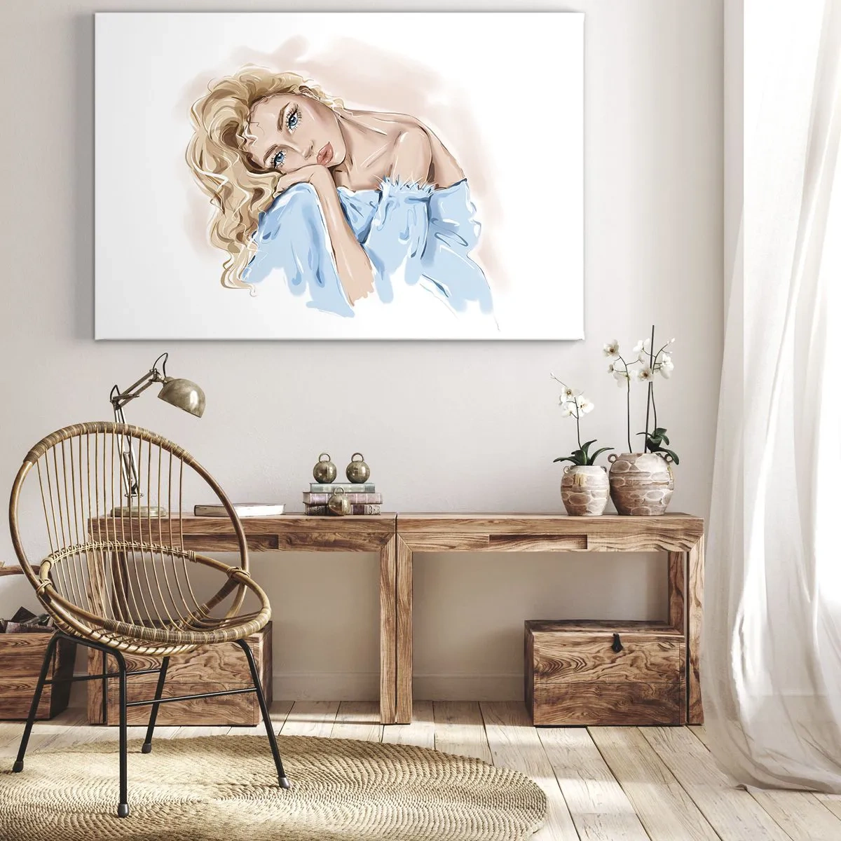 Quadro su tela - Stampe su Tela - Ritratto di una donna in abito blu con capelli biondi - 70x50cm - Sognante nel blu - Decorazione murale moderna per soggiorno e camera da letto ARTTOR