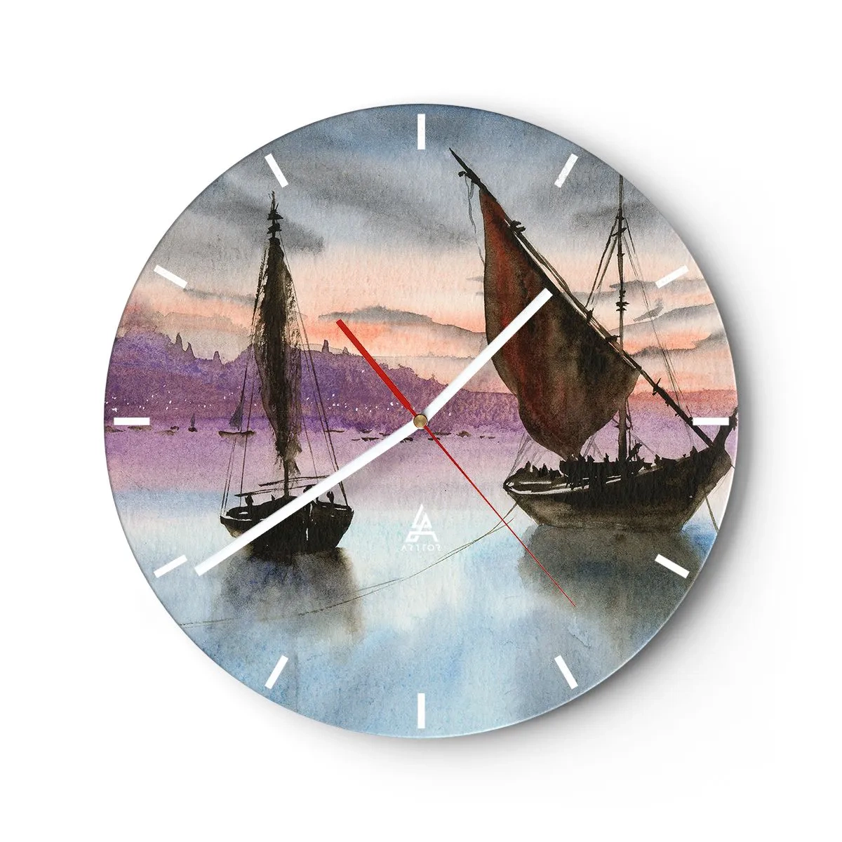 Orologio da parete - Orologio in Vetro - Velieri sull'acqua al tramonto - 30x30cm - La sera nel porto - Decorazione murale moderna per soggiorno, cucina e camera da letto ARTTOR