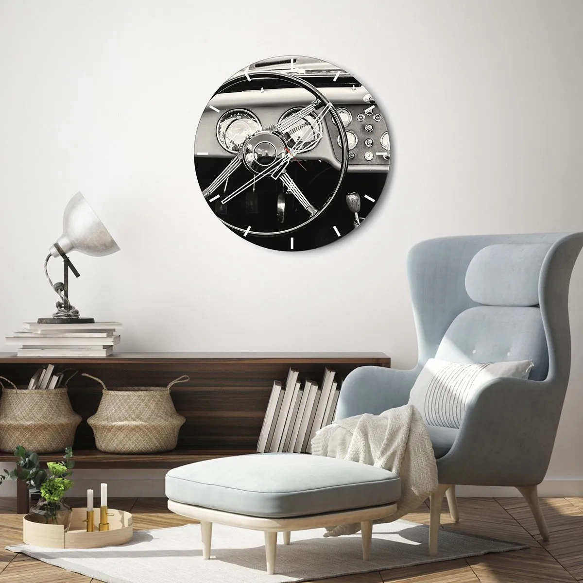 Orologio da parete - Orologio in Vetro - Abitacolo di un'auto d'epoca in una tonalità seppia retrò - 30x30cm - Il sogno del collezionista - Decorazione murale moderna per soggiorno, cucina e camera da letto ARTTOR