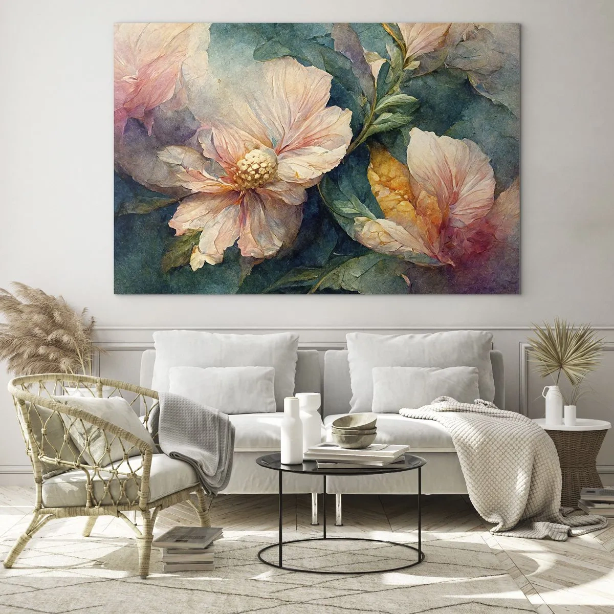Quadro su vetro - Delicati fiori nei toni pastello dell'acquerello - 70x50cm - Delicatezza pura - Decorazione murale moderna per soggiorno e camera da letto ARTTOR