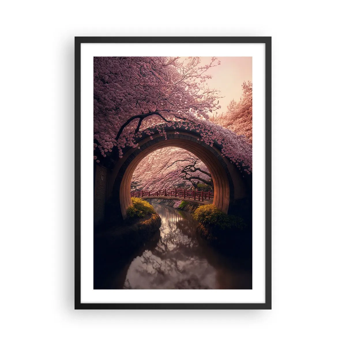 Poster in cornice nera - Un ponte romantico tra i fiori di ciliegio - 50x70cm - Primavera giapponese - Decorazione murale moderna per soggiorno e camera da letto ARTTOR