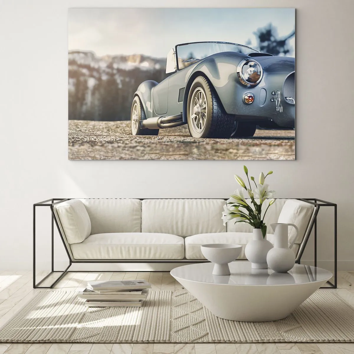 Quadro su vetro - Un'auto sportiva con le montagne sullo sfondo - 70x50cm - Perché lo stile è importante - Decorazione murale moderna per soggiorno e camera da letto ARTTOR
