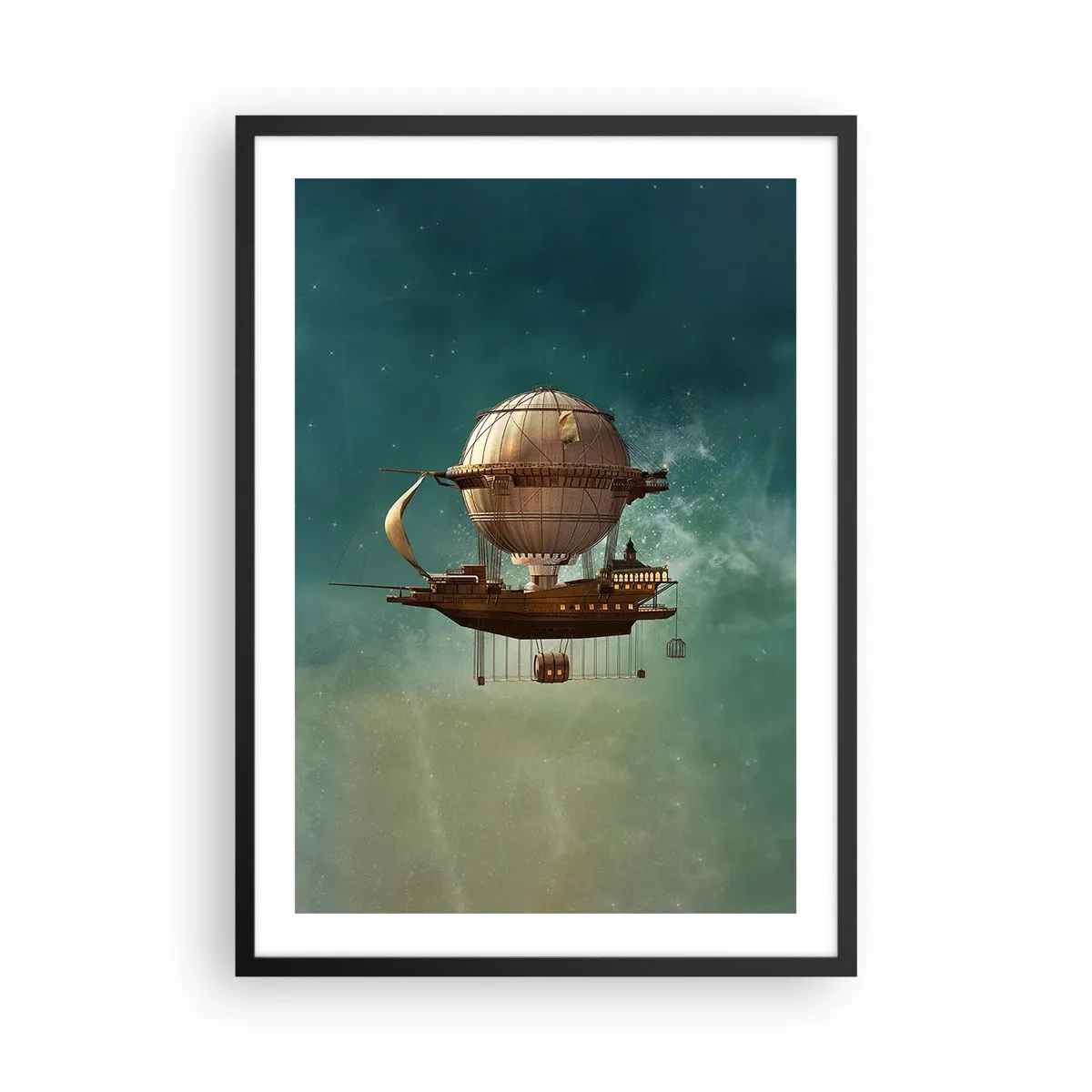 Poster in cornice nera - Un fantastico dirigibile che fluttua tra le stelle - 50x70cm - Saluti da Jules Verne - Decorazione murale moderna per soggiorno e camera da letto ARTTOR