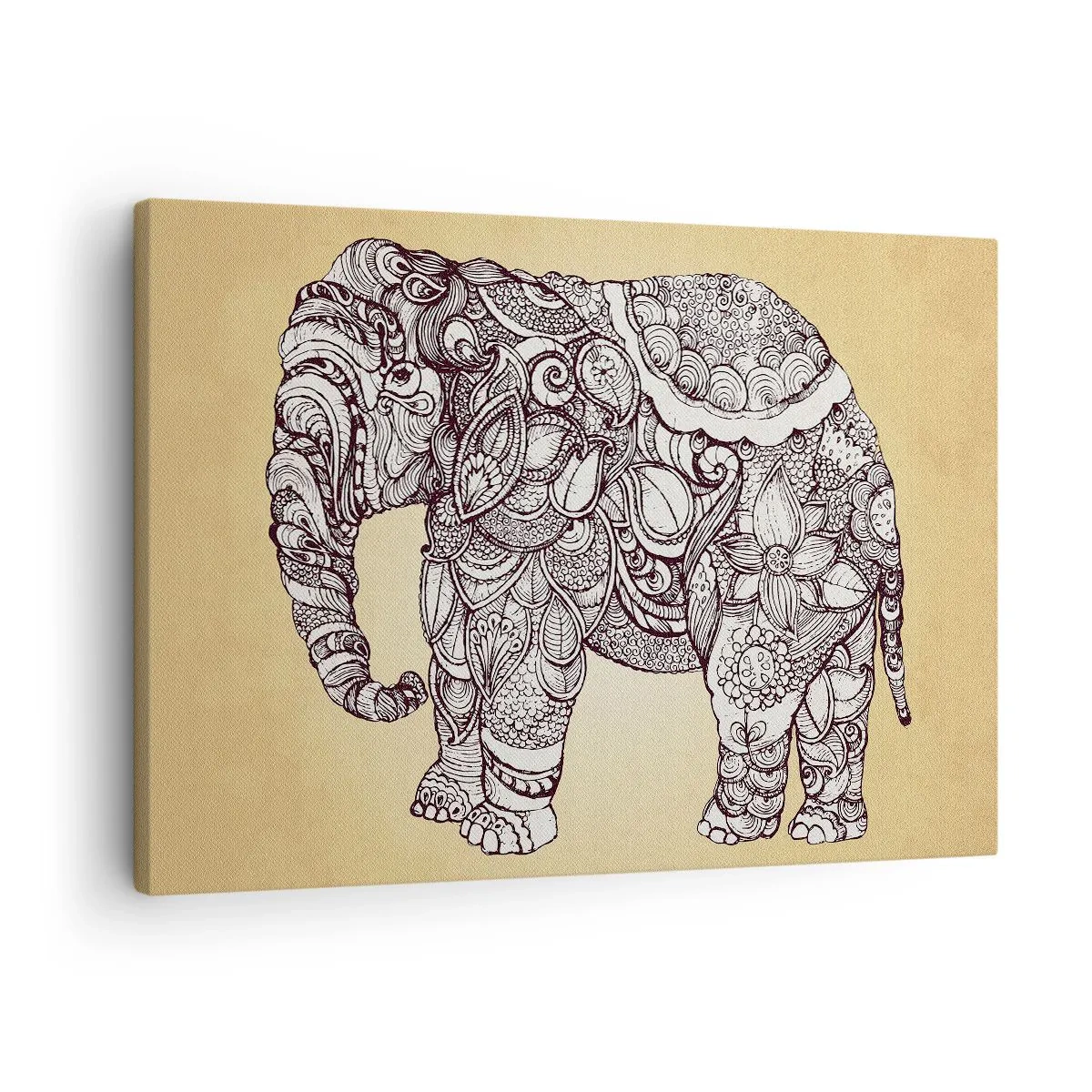 Quadro su tela - Stampe su Tela - Elefante disegnato a mano con motivo ornamentale su sfondo beige - 70x50cm - L'elefante nascosto - Decorazione murale moderna per soggiorno e camera da letto ARTTOR