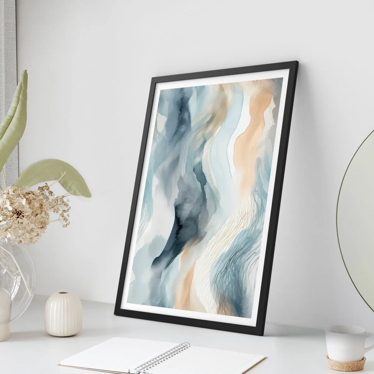 Poster in cornice nera - Onde astratte nei toni del beige e del blu navy - 50x70cm - Astrazione nevosa e nebbiosa - Decorazione murale moderna per soggiorno e camera da letto ARTTOR