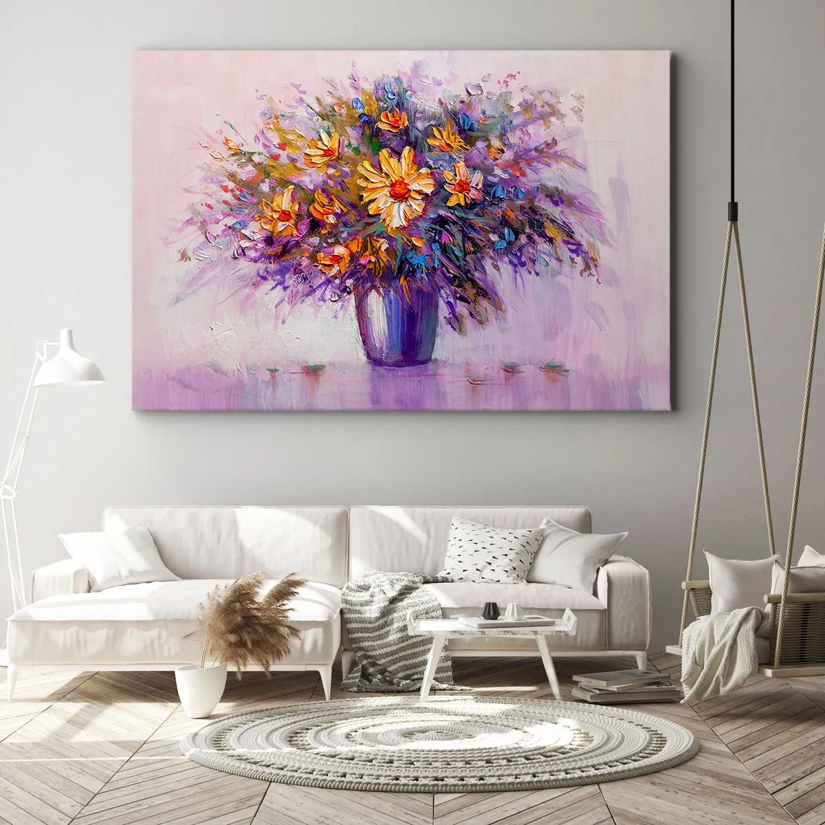 Quadro su tela - Stampe su Tela - Un mazzo di fiori in un vaso su uno sfondo pastello - 70x50cm - Odore dolce, aspetto dolce - Decorazione murale moderna per soggiorno e camera da letto ARTTOR