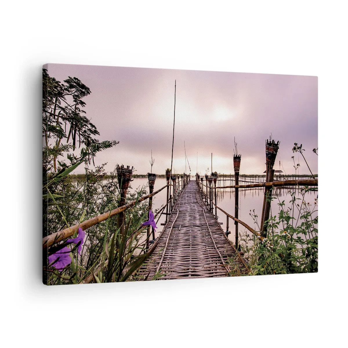 Quadro su tela - Stampe su Tela - Ponte di bambù sull'acqua all'alba - 70x50cm - Pace e silenzio dell'Asia - Decorazione murale moderna per soggiorno e camera da letto ARTTOR