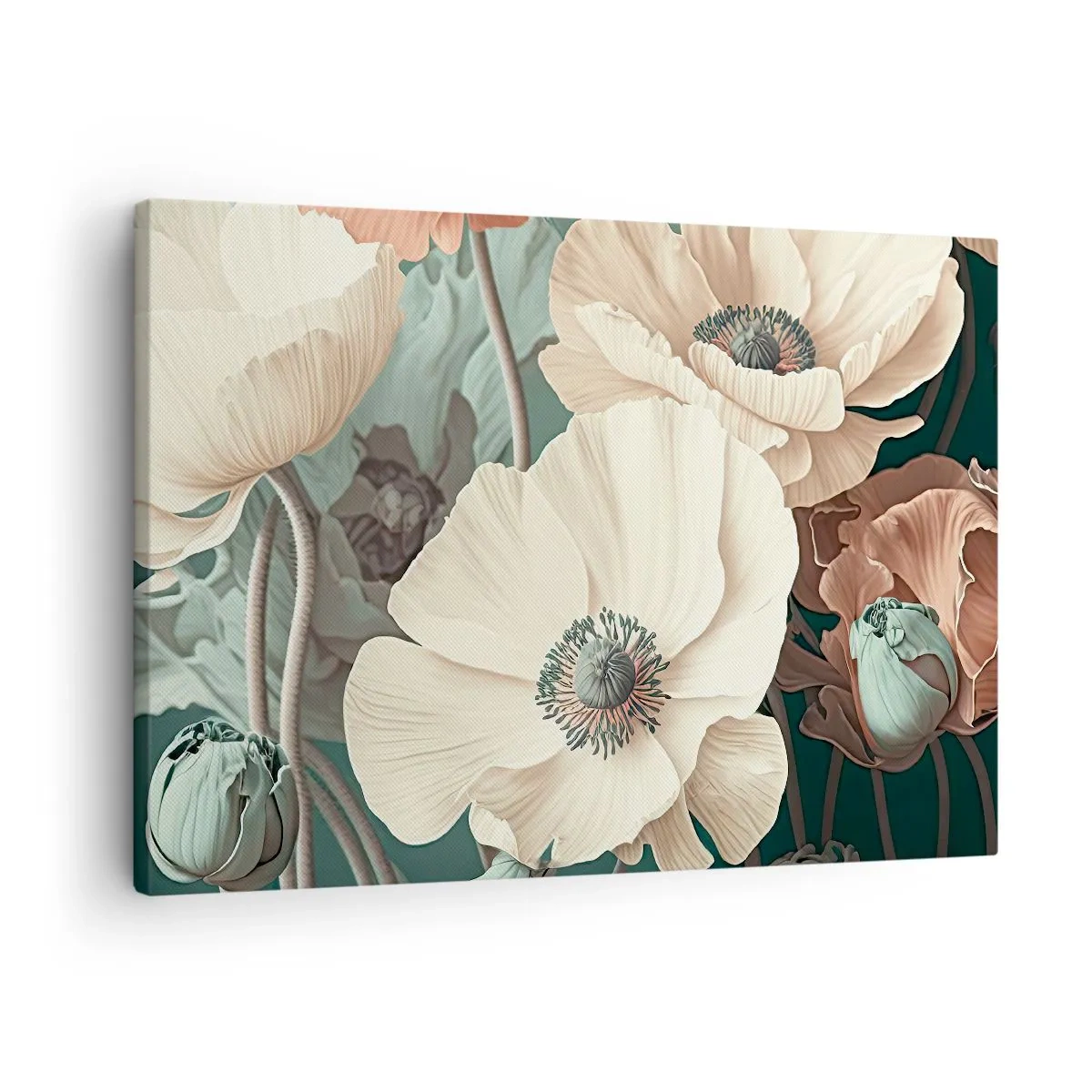 Quadro su tela - Stampe su Tela - Eleganti fiori in tonalità pastello su sfondo verde - 70x50cm - Il sussurro dei papaveri - Decorazione murale moderna per soggiorno e camera da letto ARTTOR