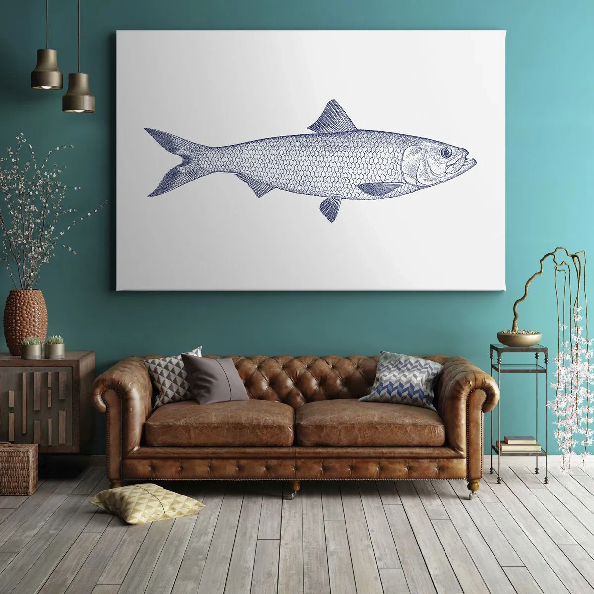Quadro su tela - Stampe su Tela - Illustrazione di un pesce nei toni del blu su uno sfondo chiaro - 70x50cm - Un saluto dai mari del nord - Decorazione murale moderna per soggiorno e camera da letto ARTTOR