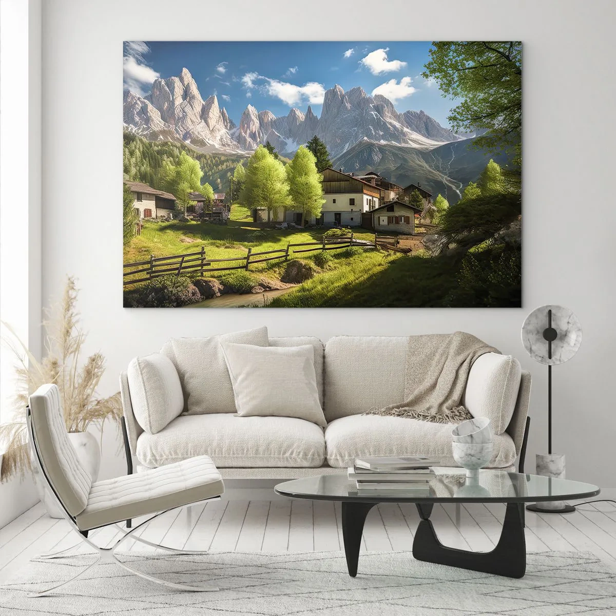 Quadro su vetro - Sviluppo rurale tra il verde ai piedi delle vette alpine - 70x50cm - Idillio alpino - Decorazione murale moderna per soggiorno e camera da letto ARTTOR