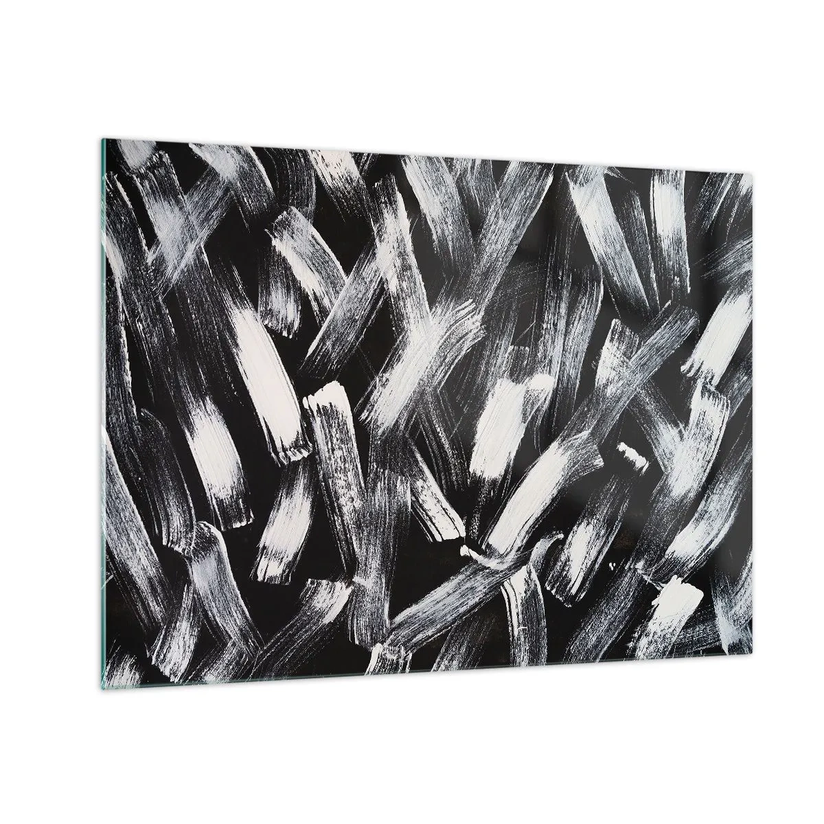 Quadro su vetro - Astrazione in bianco e nero di pennellate su uno sfondo scuro - 70x50cm - Astrazione in spirito industriale - Decorazione murale moderna per soggiorno e camera da letto ARTTOR