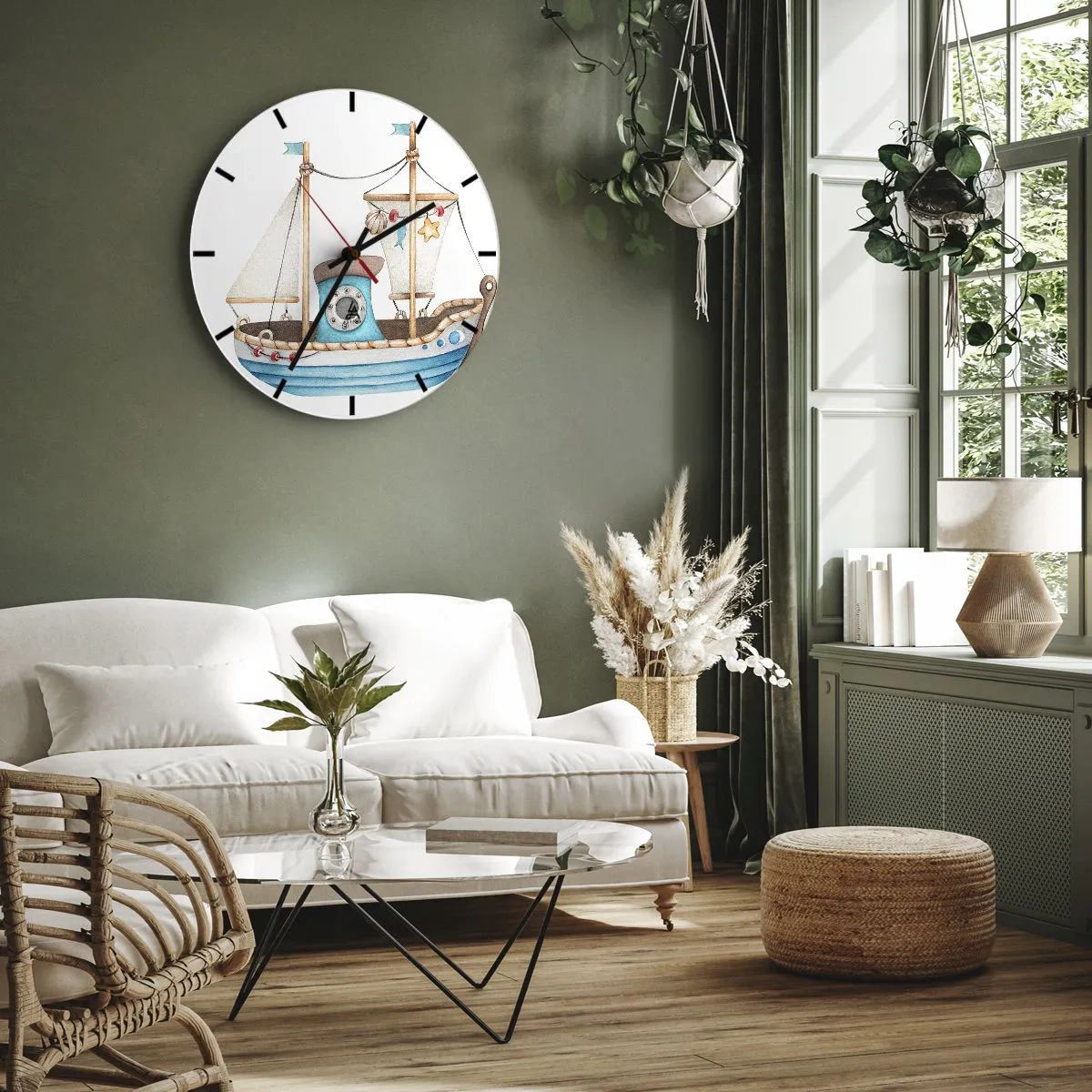 Orologio da parete - Orologio in Vetro - Barca a vela illustrata per bambini con decorazioni nautiche - 30x30cm - Benvenuta avventura! - Decorazione murale moderna per soggiorno, cucina e camera da letto ARTTOR