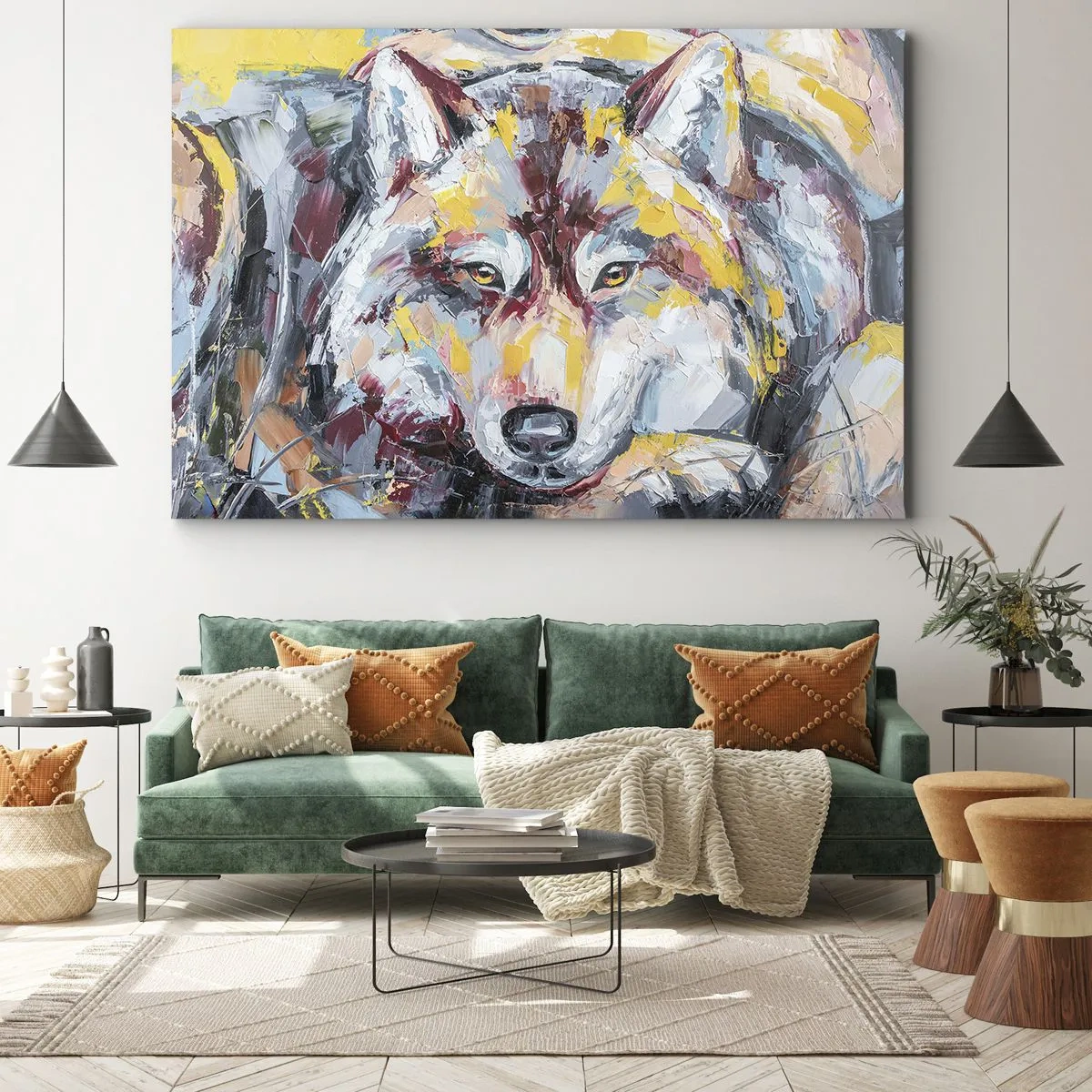 Quadro su tela - Stampe su Tela - Ritratto artistico di un lupo dai colori intensi - 70x50cm - Pace tra i suoi - Decorazione murale moderna per soggiorno e camera da letto ARTTOR